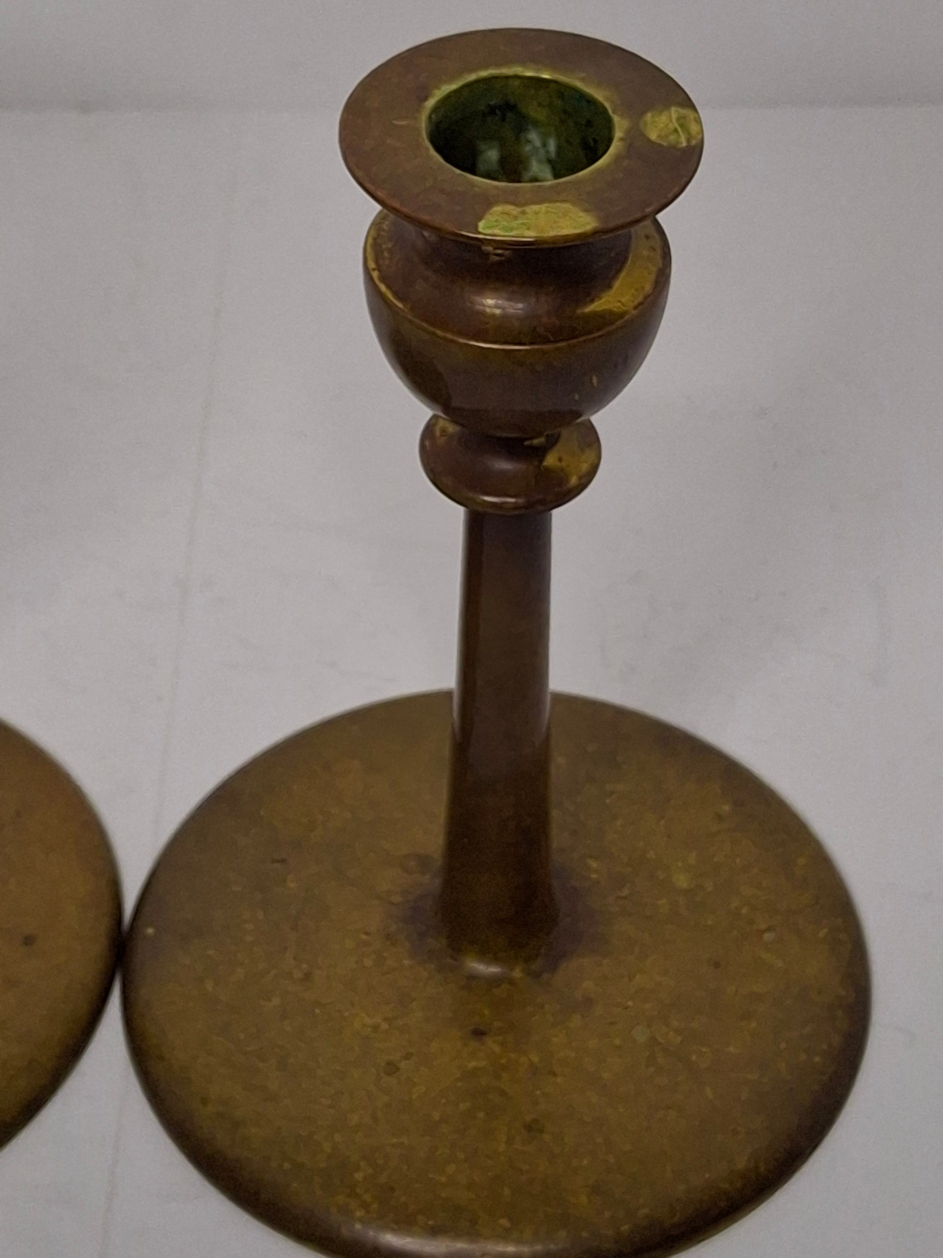 Pair Antique Eastern European Brass Shabbat Candlesticks with Verdigris Patina - Circa 1900 Polish Judaica, 6.5" Tall