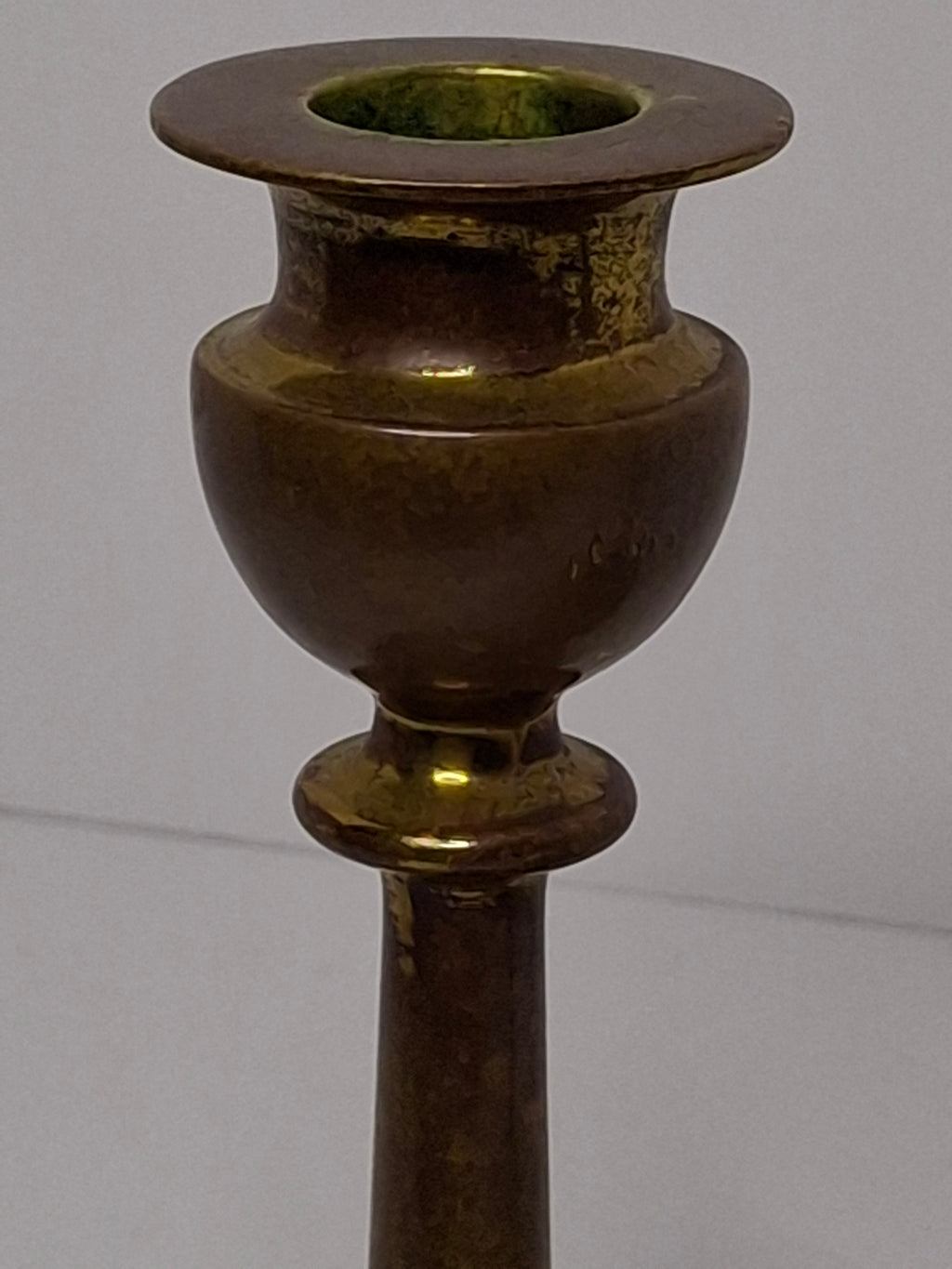 Pair Antique Eastern European Brass Shabbat Candlesticks with Verdigris Patina - Circa 1900 Polish Judaica, 6.5" Tall
