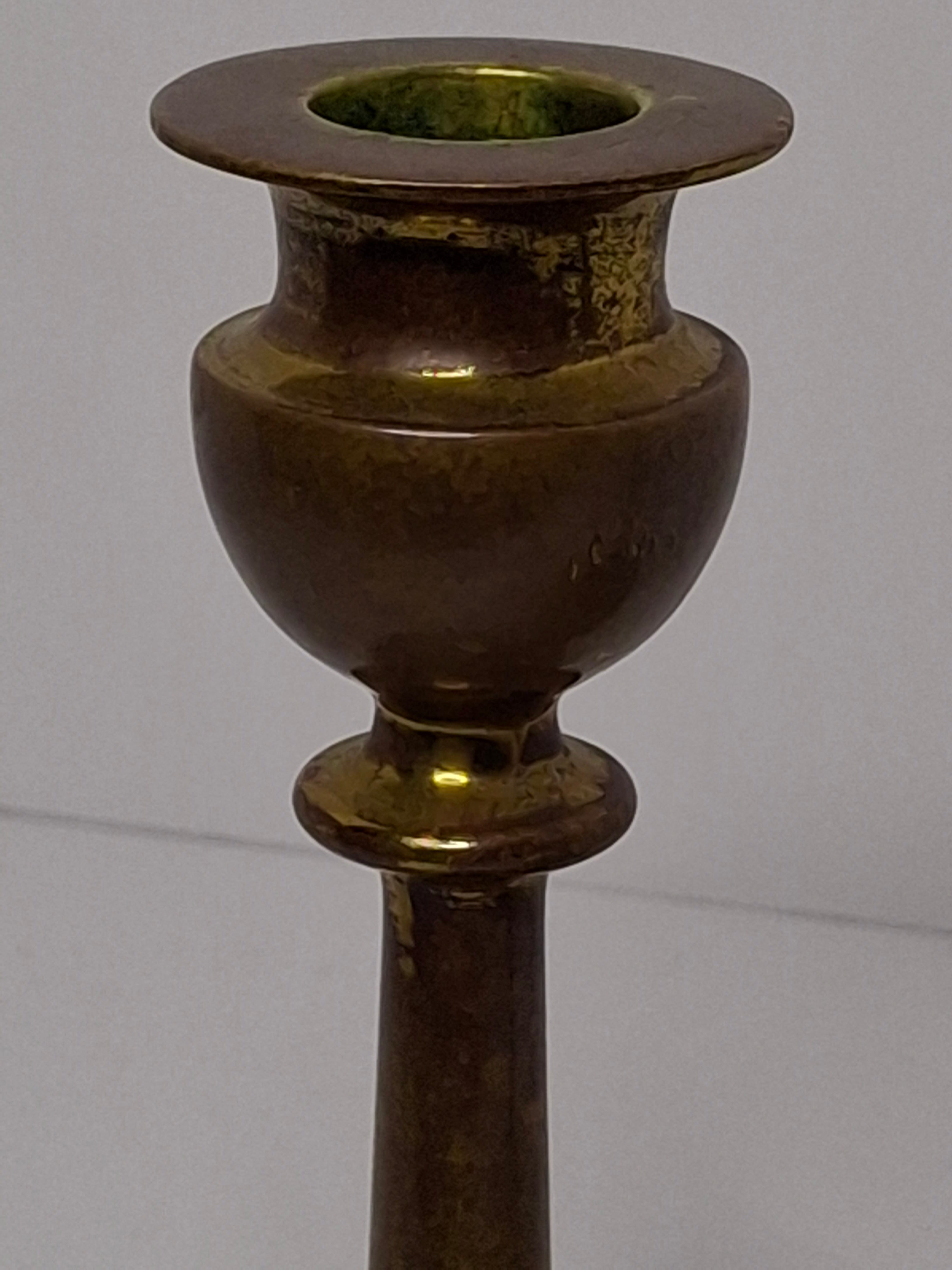 Pair Antique Eastern European Brass Shabbat Candlesticks with Verdigris Patina - Circa 1900 Polish Judaica, 6.5" Tall