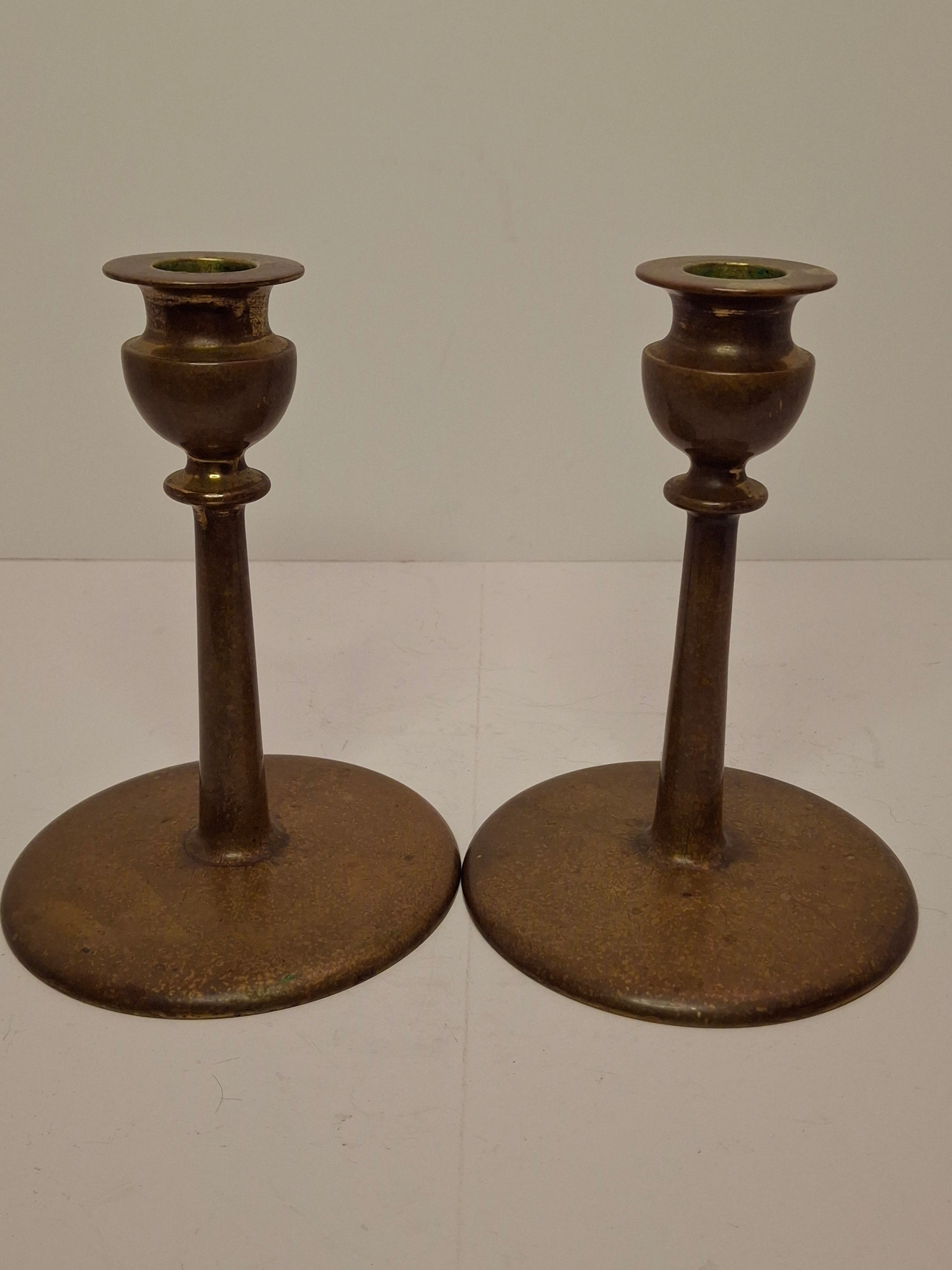 Pair Antique Eastern European Brass Shabbat Candlesticks with Verdigris Patina - Circa 1900 Polish Judaica, 6.5" Tall