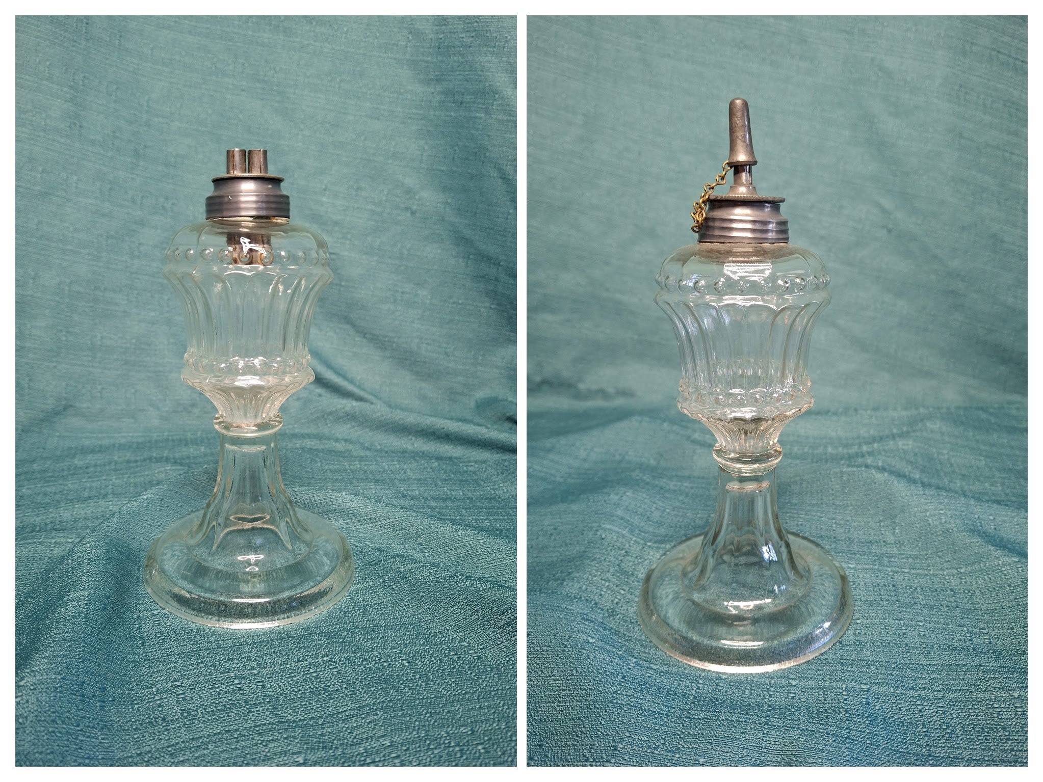Matched Pair Antique 1830s-1850s Flint Glass Whale Oil Lamps Pewter Burner- Cut Glass Victorian Lighting Collectible