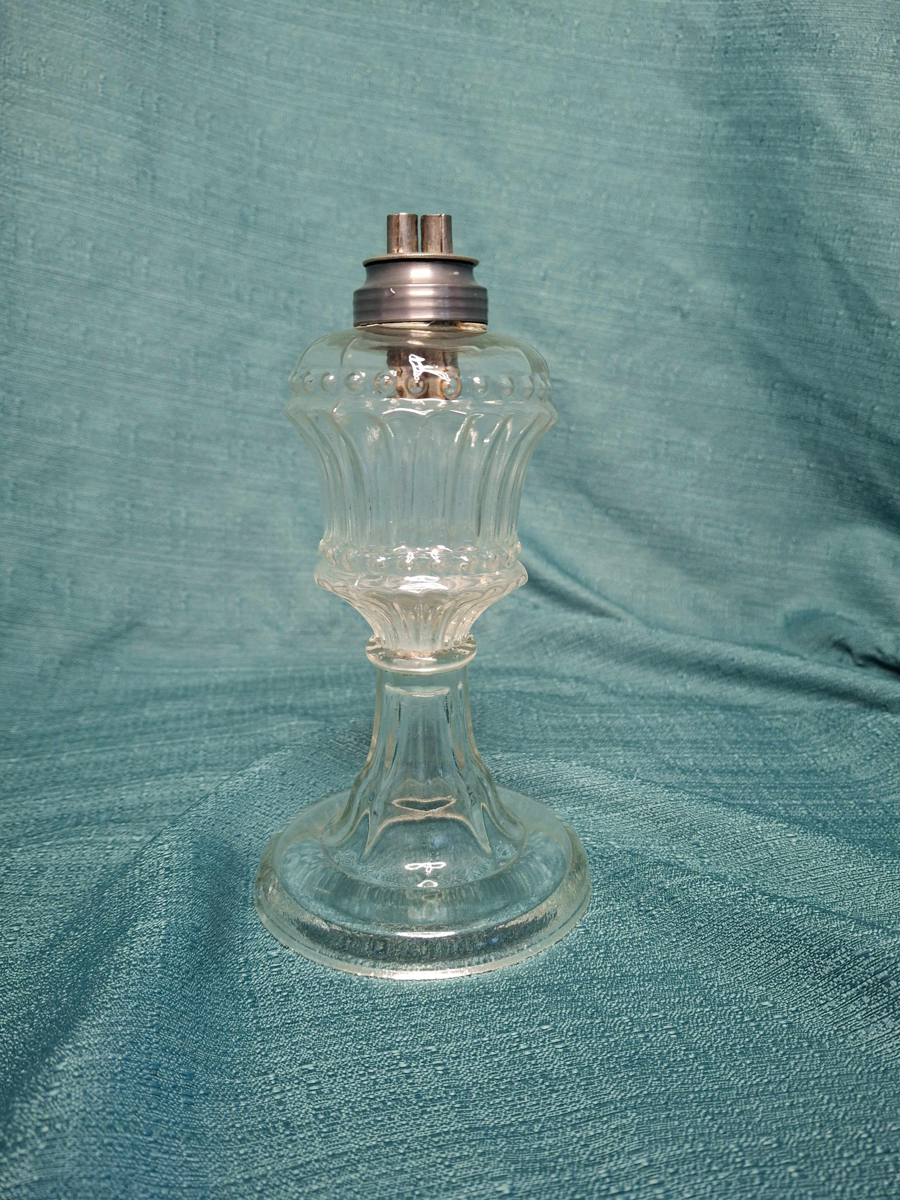 Antique 1830s-1850s Flint Glass Whale Oil Pedestal Lamp with Original Double-Tube Pewter Burner - Cut Glass Victorian Lighting Collectible