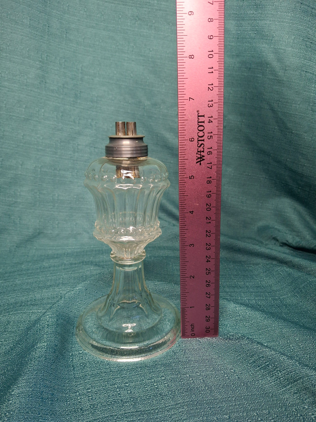 Antique 1830s-1850s Flint Glass Whale Oil Pedestal Lamp with Original Double-Tube Pewter Burner - Cut Glass Victorian Lighting Collectible