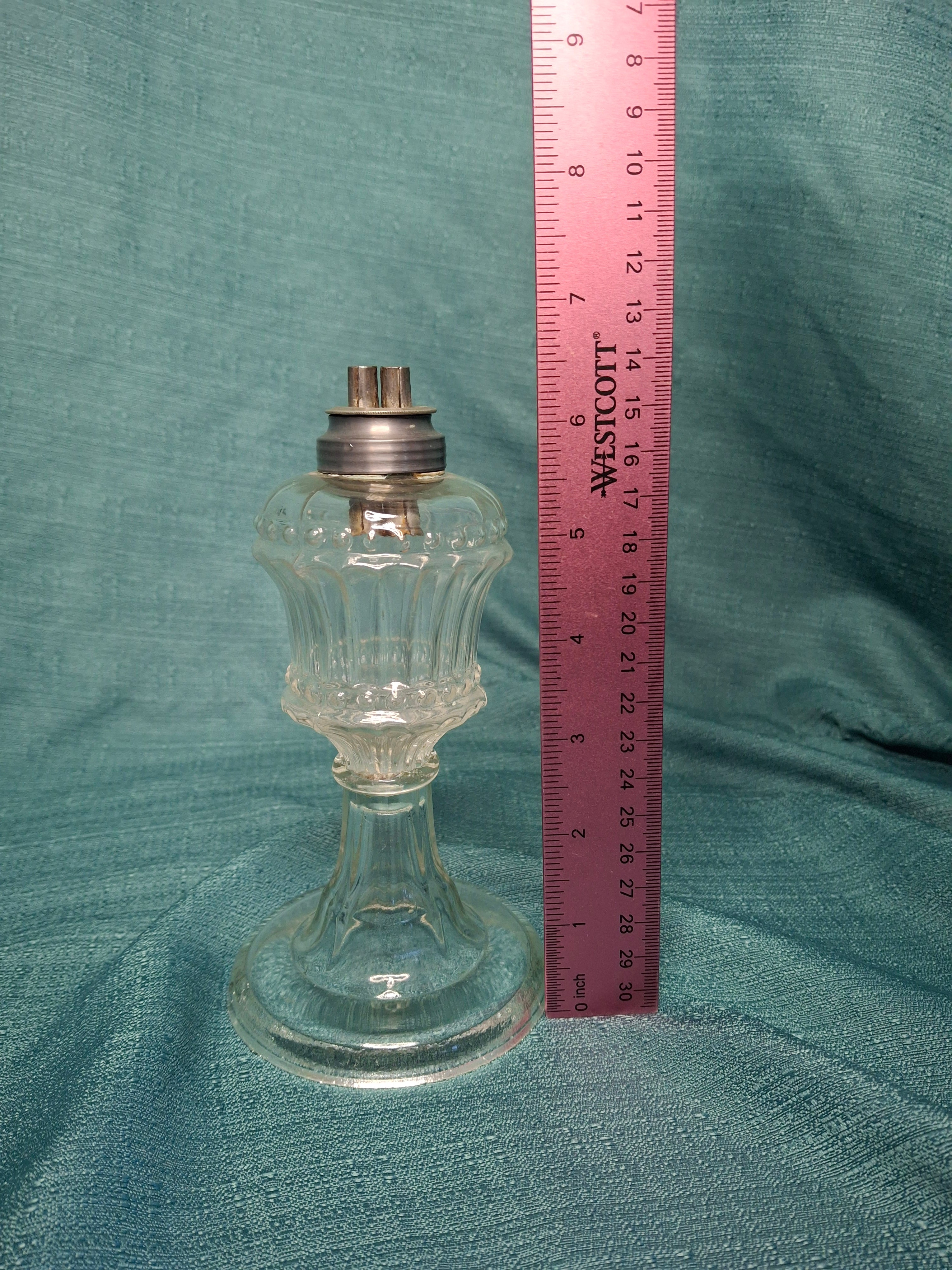 Antique 1830s-1850s Flint Glass Whale Oil Pedestal Lamp with Original Double-Tube Pewter Burner - Cut Glass Victorian Lighting Collectible