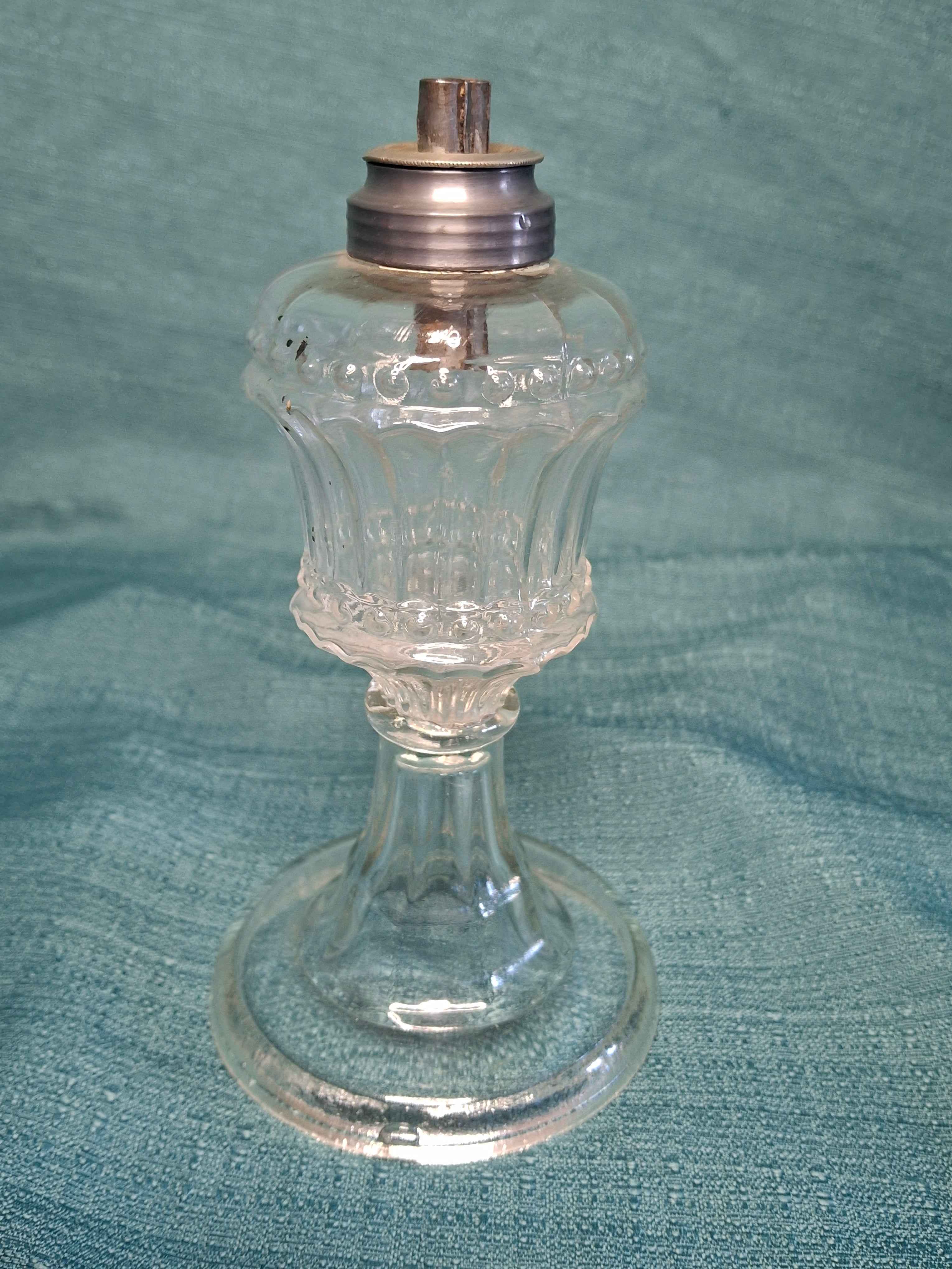 Antique 1830s-1850s Flint Glass Whale Oil Pedestal Lamp with Original Double-Tube Pewter Burner - Cut Glass Victorian Lighting Collectible