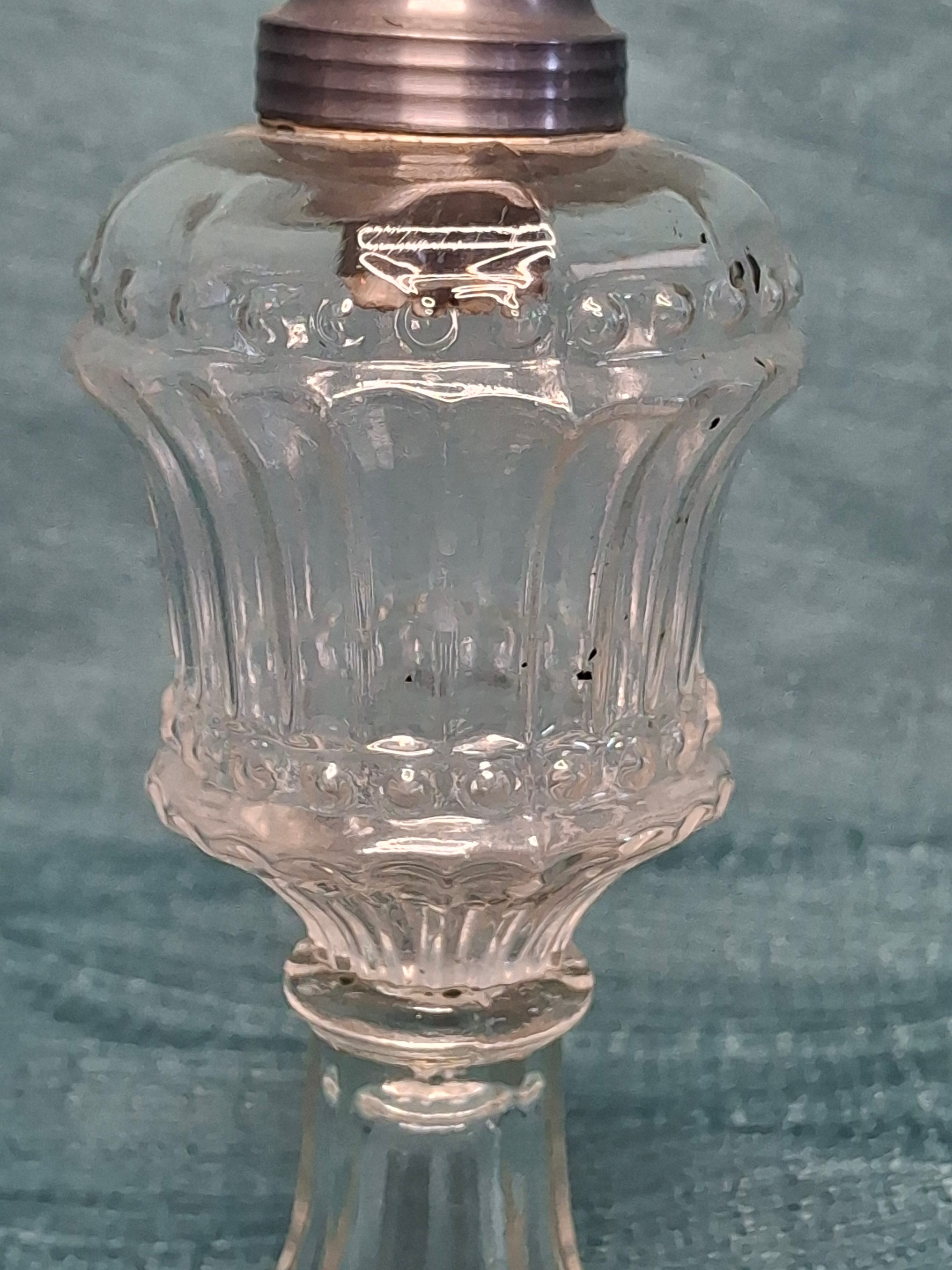 Antique 1830s-1850s Flint Glass Whale Oil Pedestal Lamp with Original Double-Tube Pewter Burner - Cut Glass Victorian Lighting Collectible