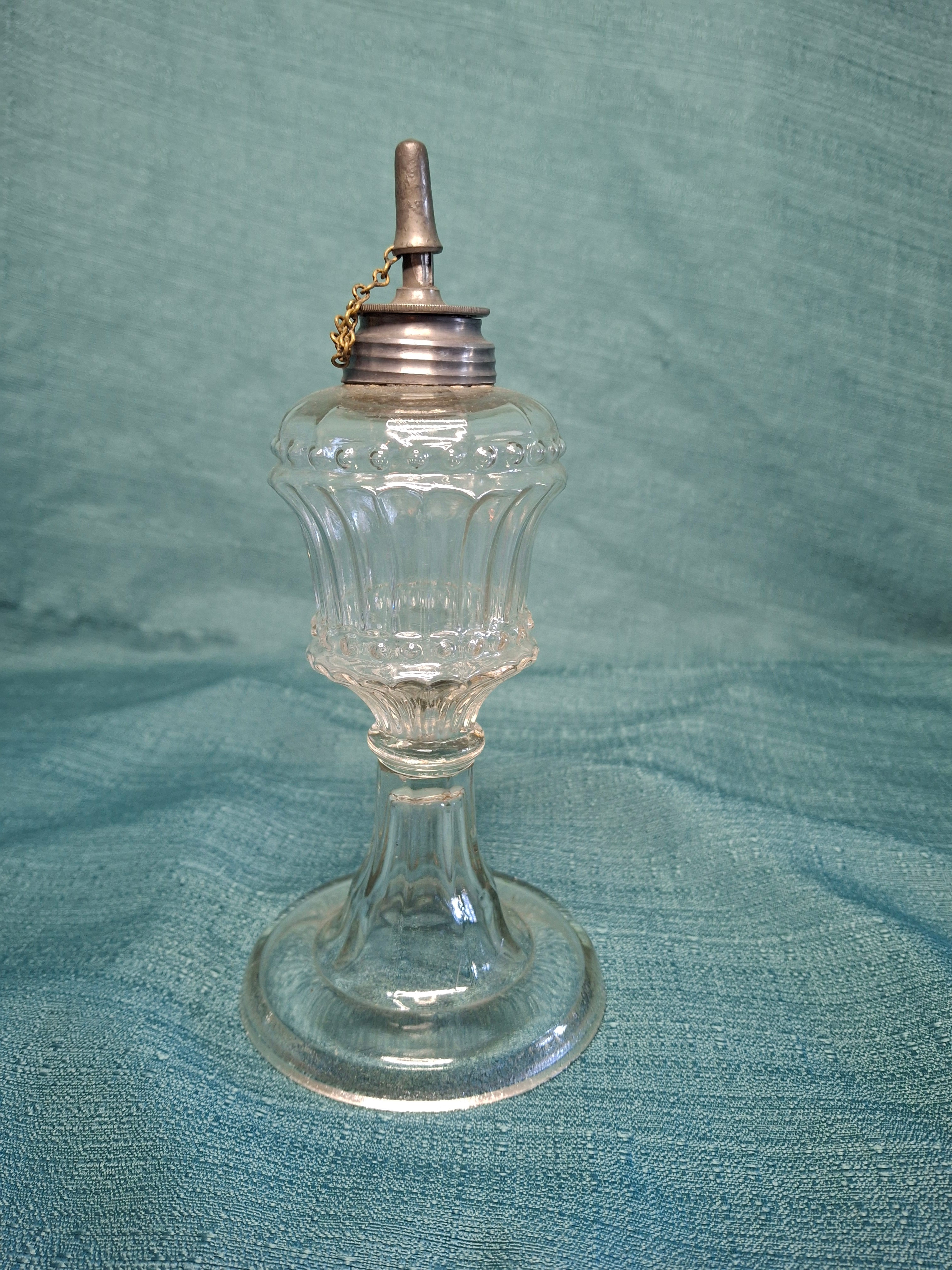 Vintage 19th Century Single Fluid Burner Oil Lamp - Possible Flint Glass, Pewter Burner with cap, Circa 1840s