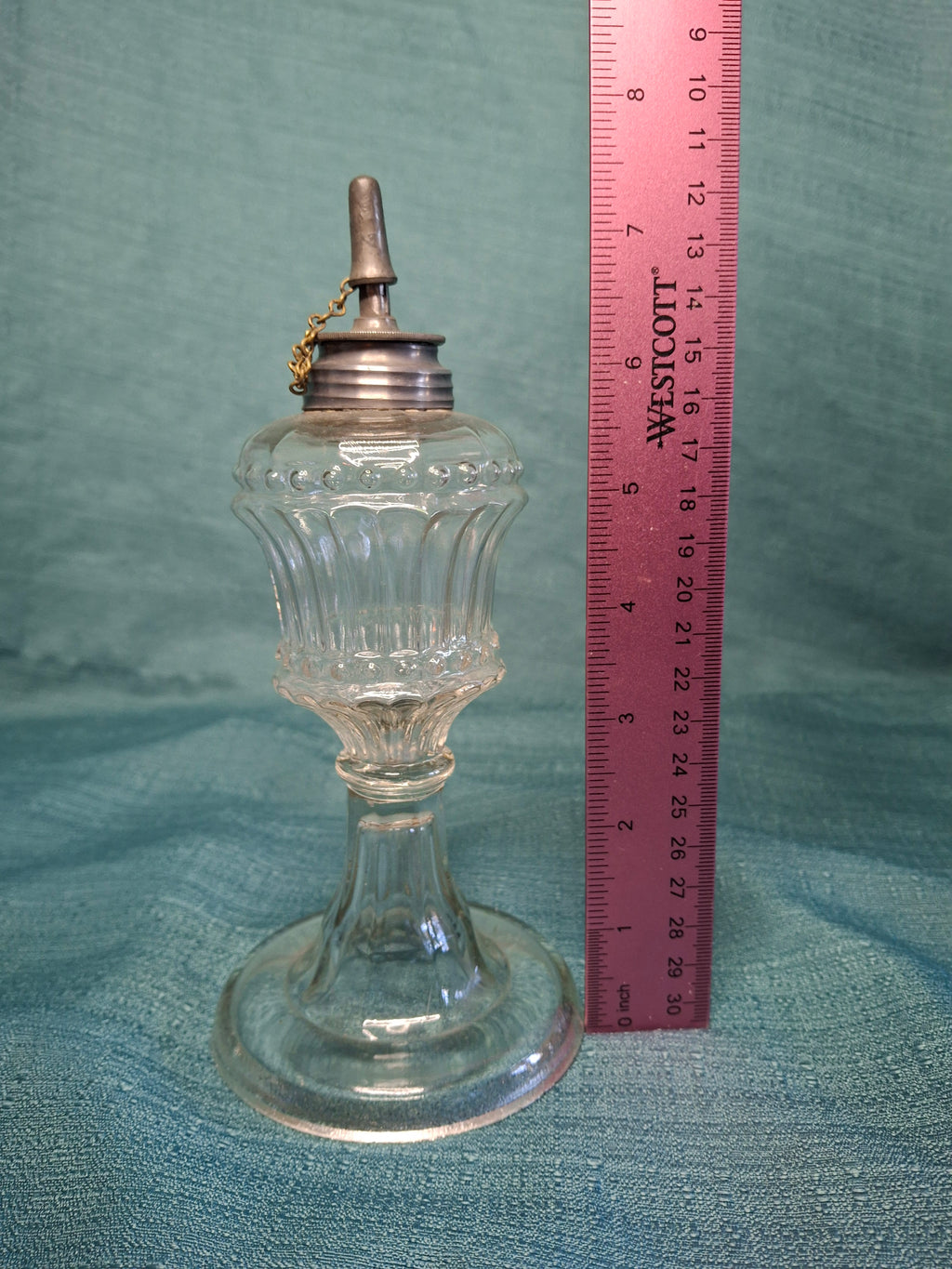 Vintage 19th Century Single Fluid Burner Oil Lamp - Possible Flint Glass, Pewter Burner with cap, Circa 1840s
