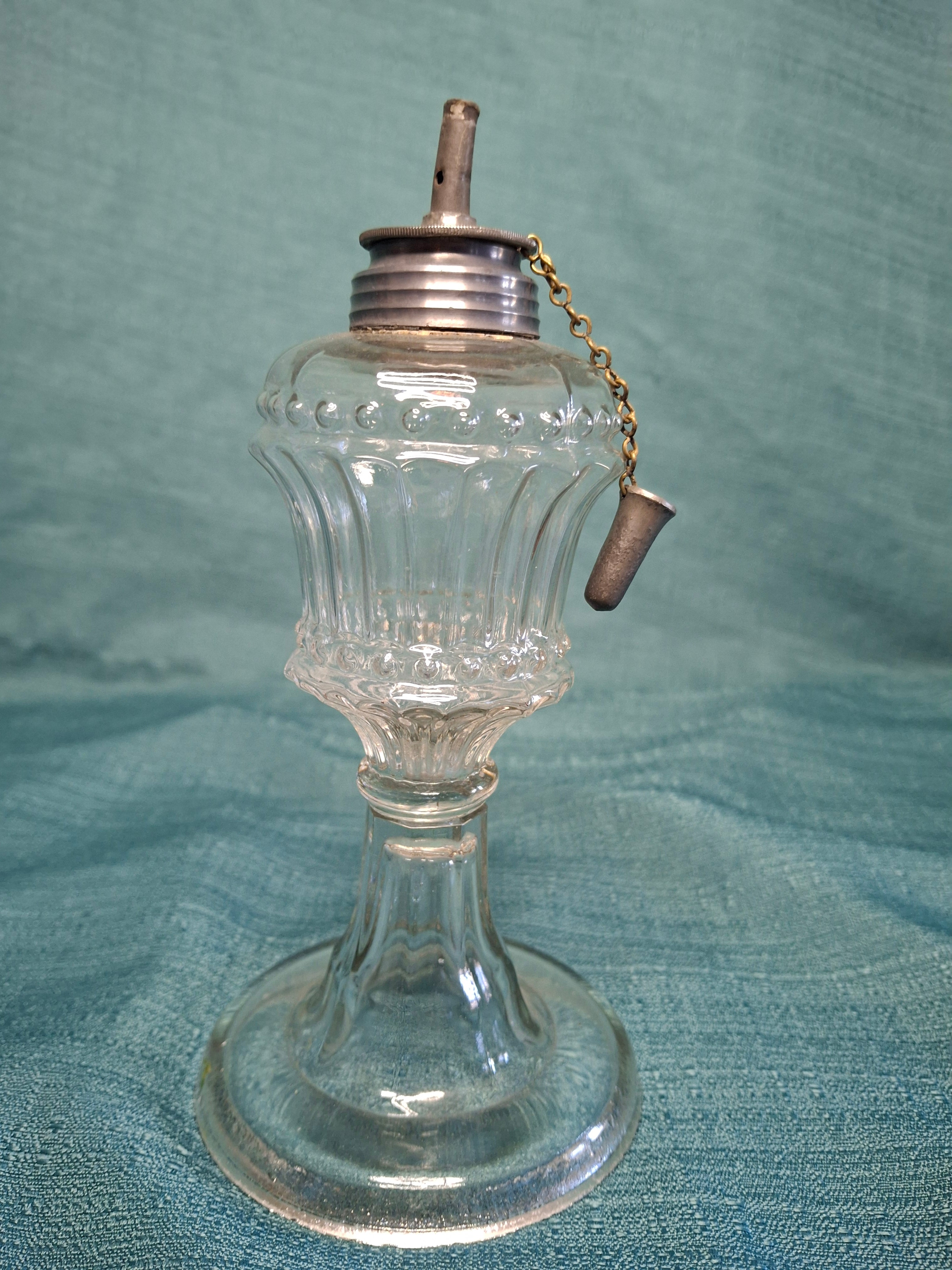 Vintage 19th Century Single Fluid Burner Oil Lamp - Possible Flint Glass, Pewter Burner with cap, Circa 1840s