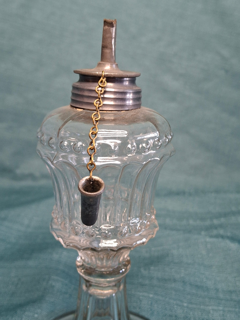 Vintage 19th Century Single Fluid Burner Oil Lamp - Possible Flint Glass, Pewter Burner with cap, Circa 1840s