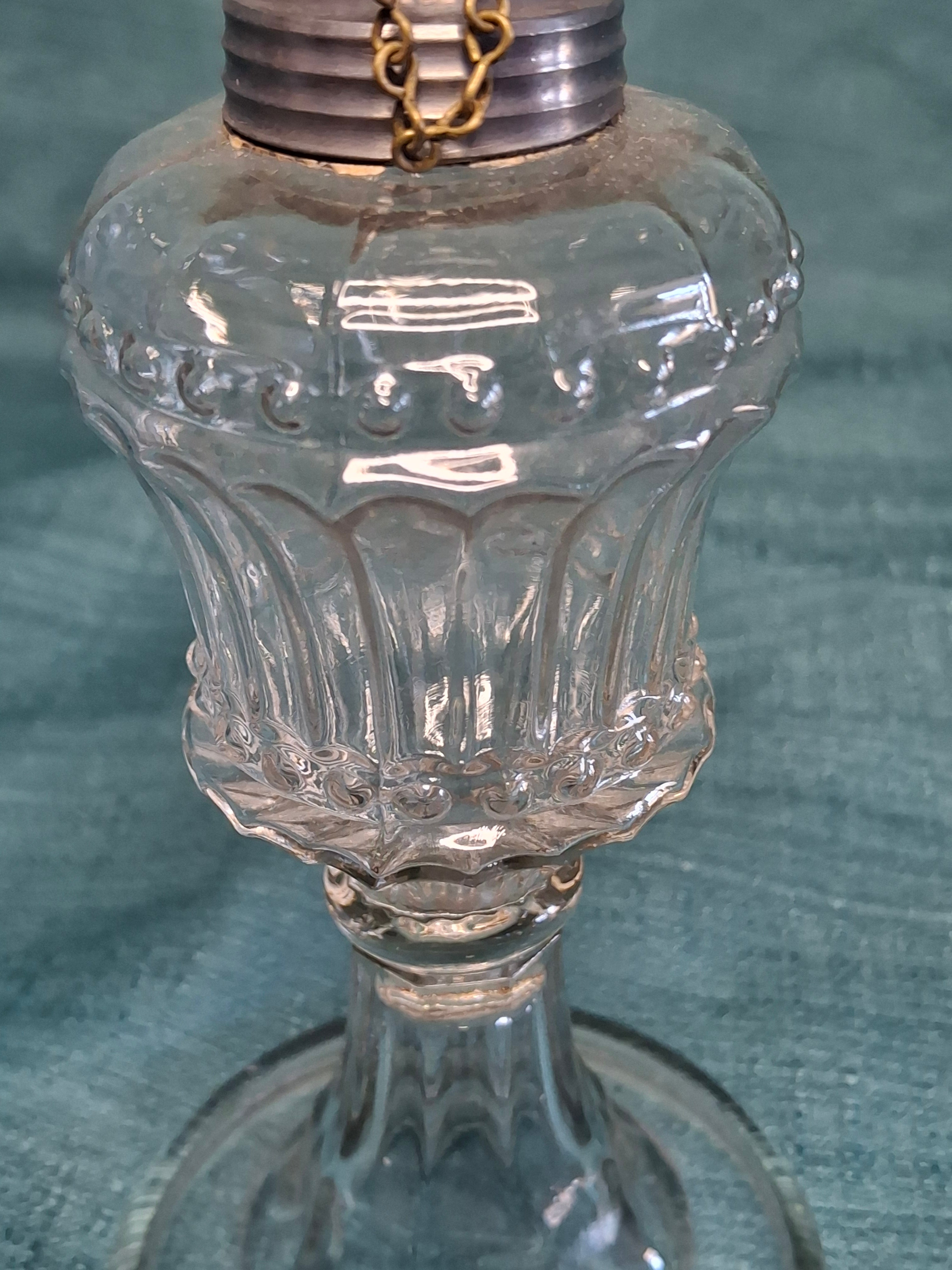 Vintage 19th Century Single Fluid Burner Oil Lamp - Possible Flint Glass, Pewter Burner with cap, Circa 1840s