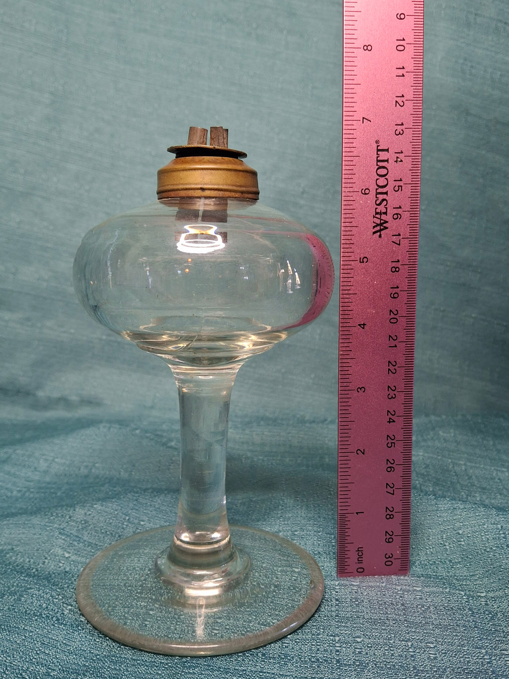 Antique 19thC Double Whale Oil Burner Glass Goblet Wine Stem Lamp, c.1820-1850