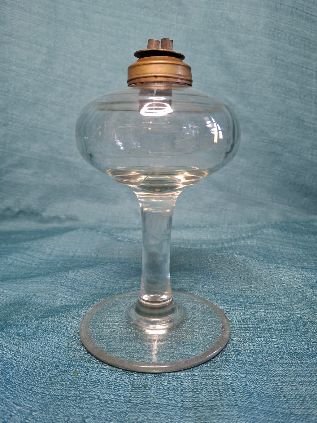 Antique 19thC Double Whale Oil Burner Glass Goblet Wine Stem Lamp, c.1820-1850