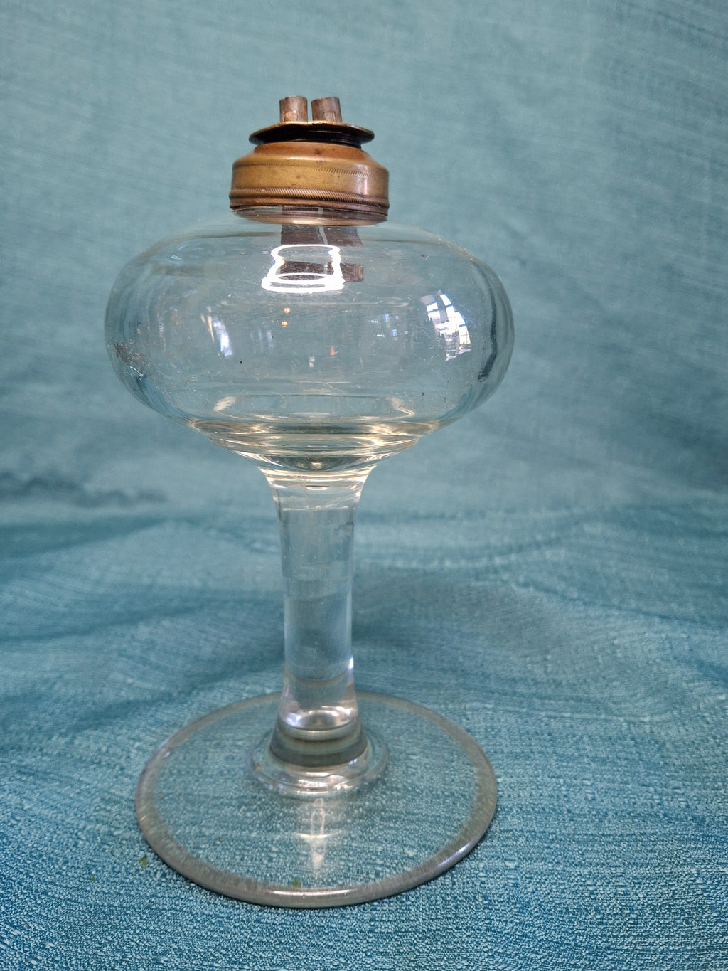 Antique 19thC Double Whale Oil Burner Glass Goblet Wine Stem Lamp, c.1820-1850