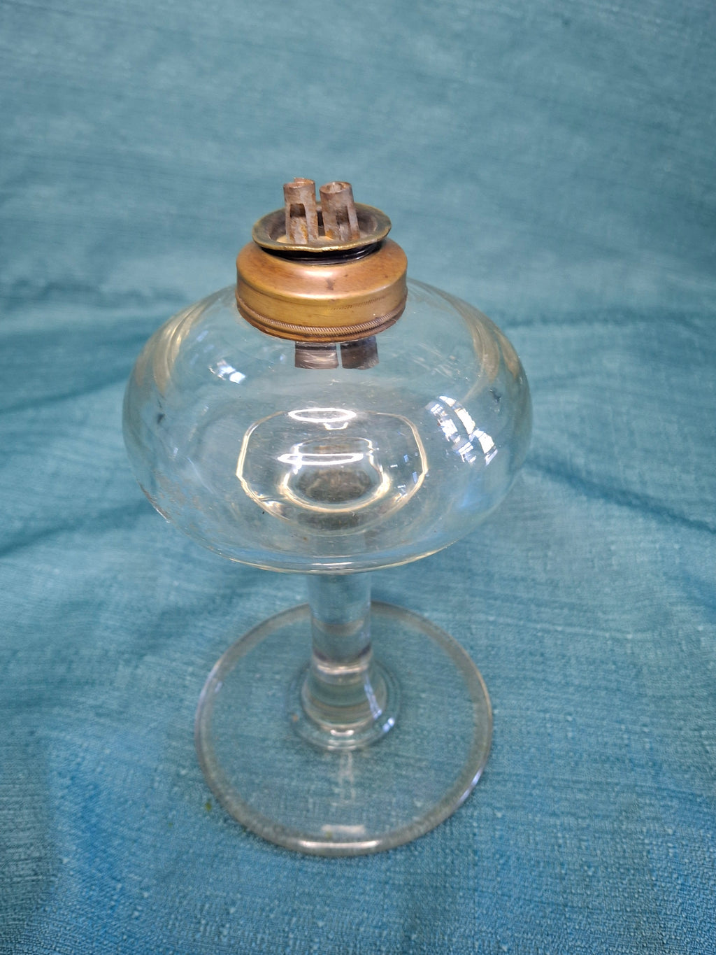 Antique 19thC Double Whale Oil Burner Glass Goblet Wine Stem Lamp, c.1820-1850