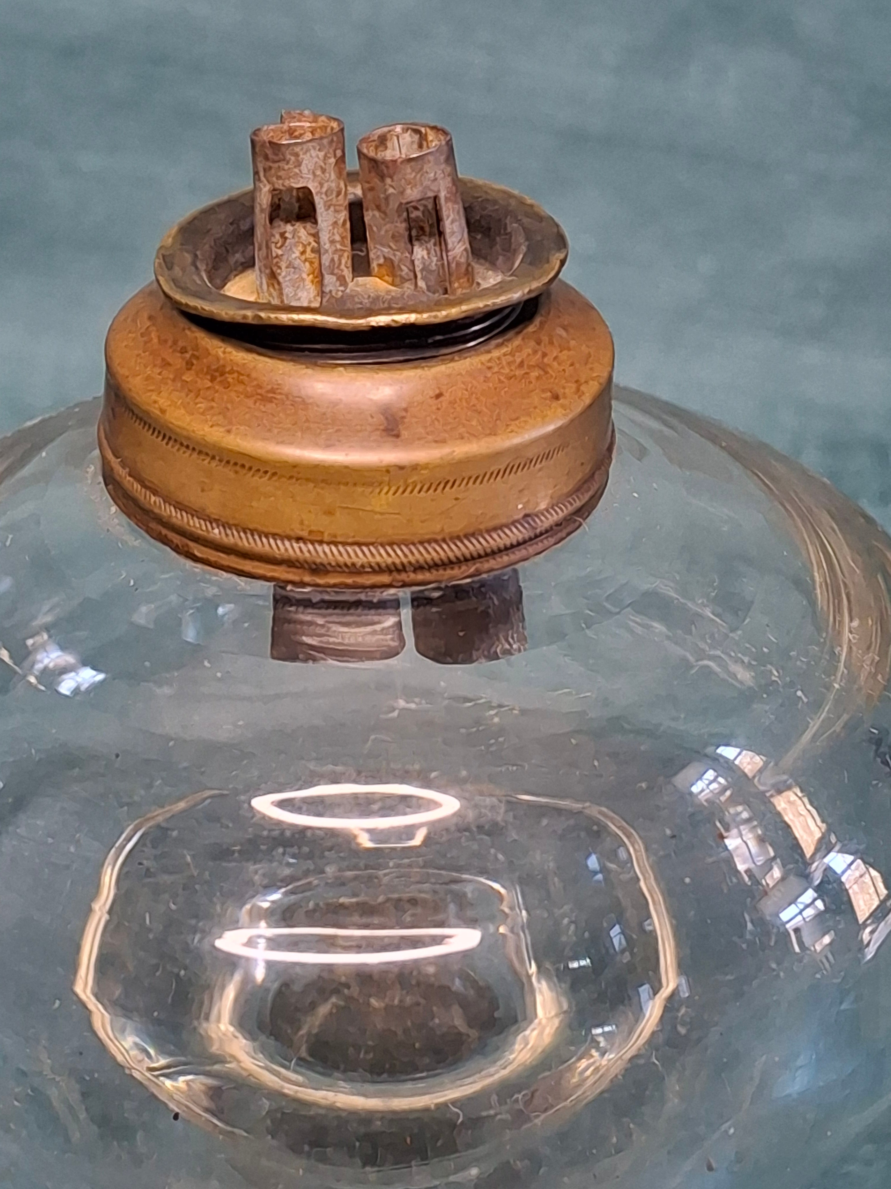 Antique 19thC Double Whale Oil Burner Glass Goblet Wine Stem Lamp, c.1820-1850