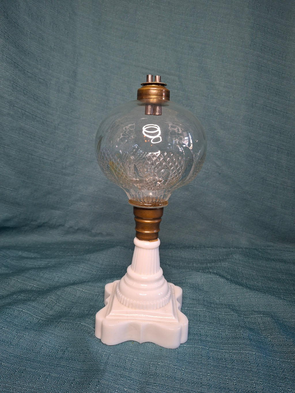Antique Victorian Double-Burner Whale Oil Lamp - Cut Lead Crystal Glass Globe, Brass Fittings, Porcelain Neoclassical Base c.1850-1870