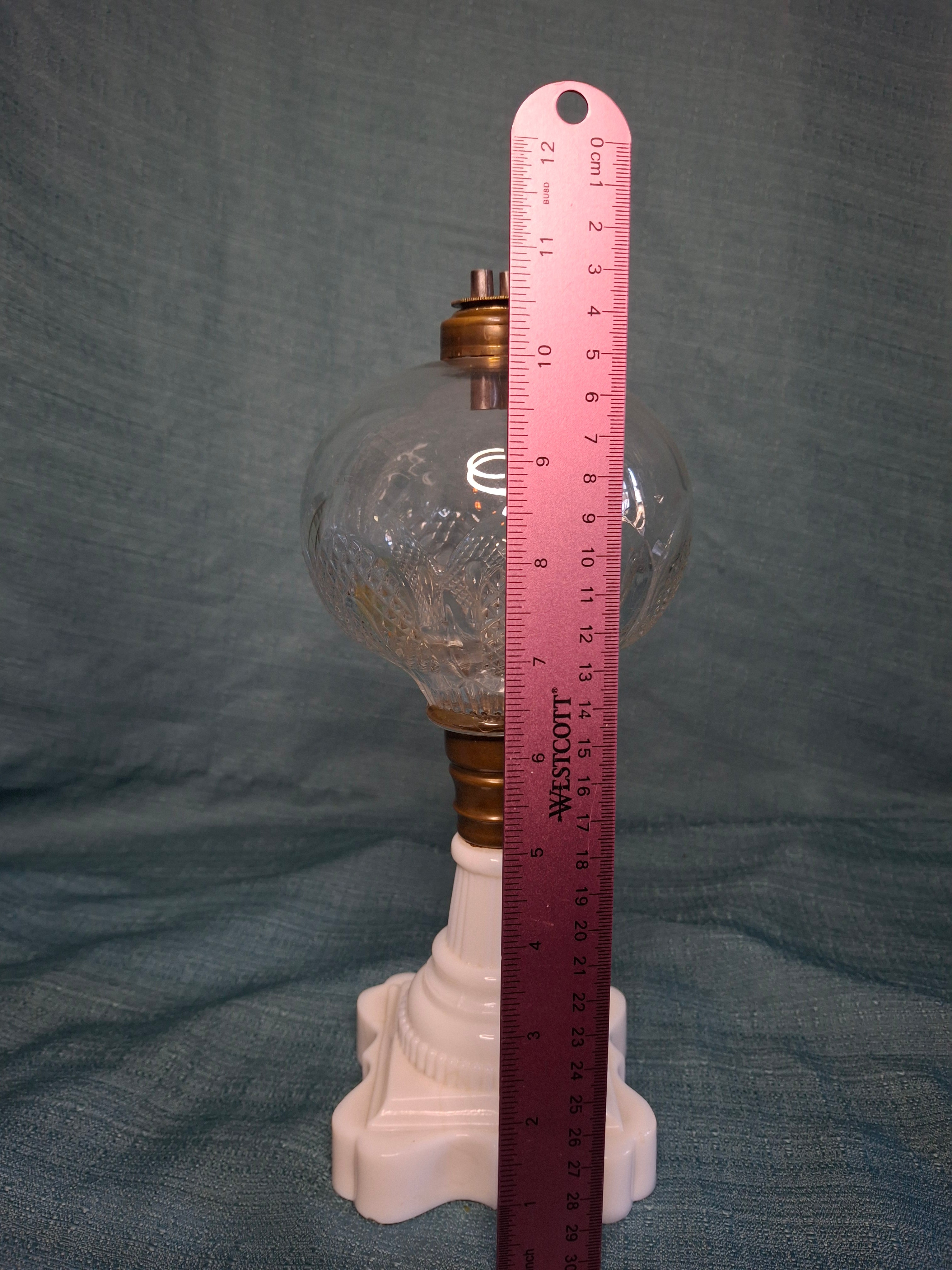 Antique Victorian Double-Burner Whale Oil Lamp - Cut Lead Crystal Glass Globe, Brass Fittings, Porcelain Neoclassical Base c.1850-1870