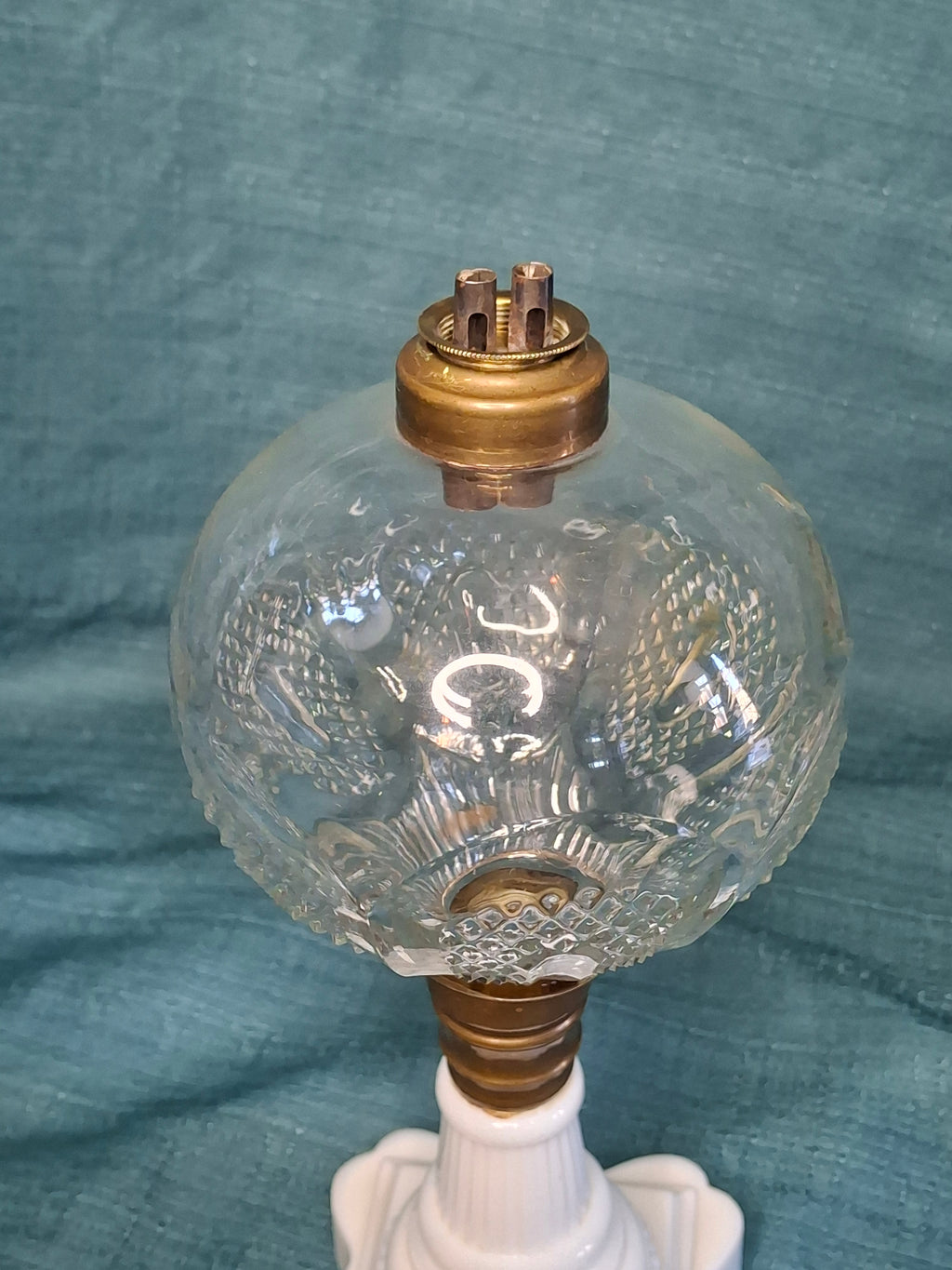 Antique Victorian Double-Burner Whale Oil Lamp - Cut Lead Crystal Glass Globe, Brass Fittings, Porcelain Neoclassical Base c.1850-1870