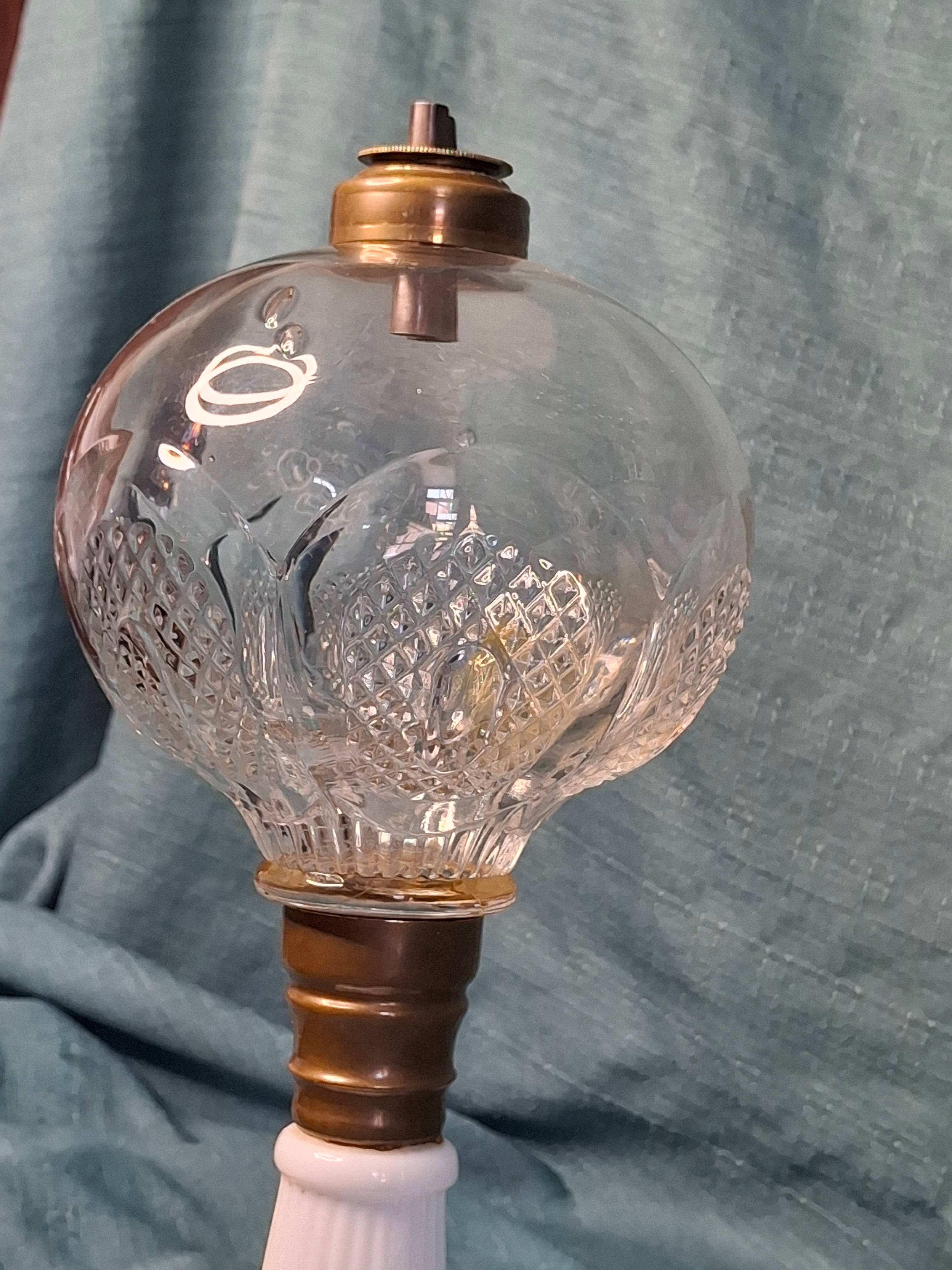Antique Victorian Double-Burner Whale Oil Lamp - Cut Lead Crystal Glass Globe, Brass Fittings, Porcelain Neoclassical Base c.1850-1870