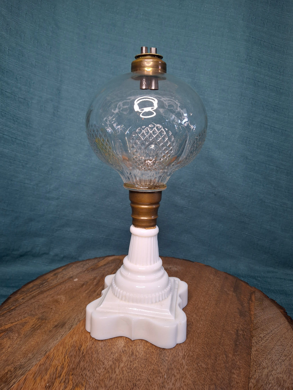 Antique Victorian Double-Burner Whale Oil Lamp - Cut Lead Crystal Glass Globe, Brass Fittings, Porcelain Neoclassical Base c.1850-1870