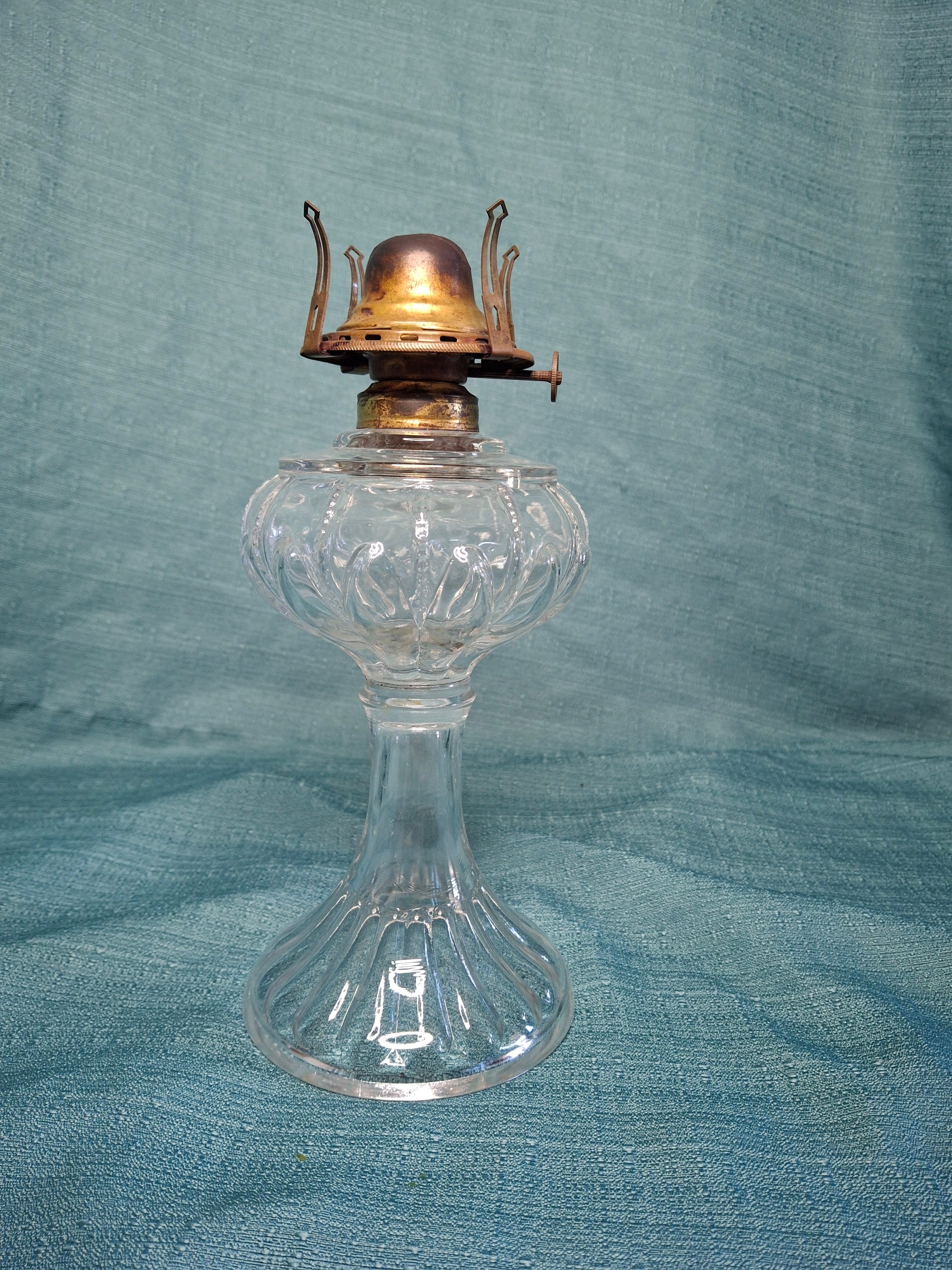 Antique Clear Pressed Glass Kerosene Oil Lamp with Queen Anne Burner, USA c. 1900 - Victorian Era
