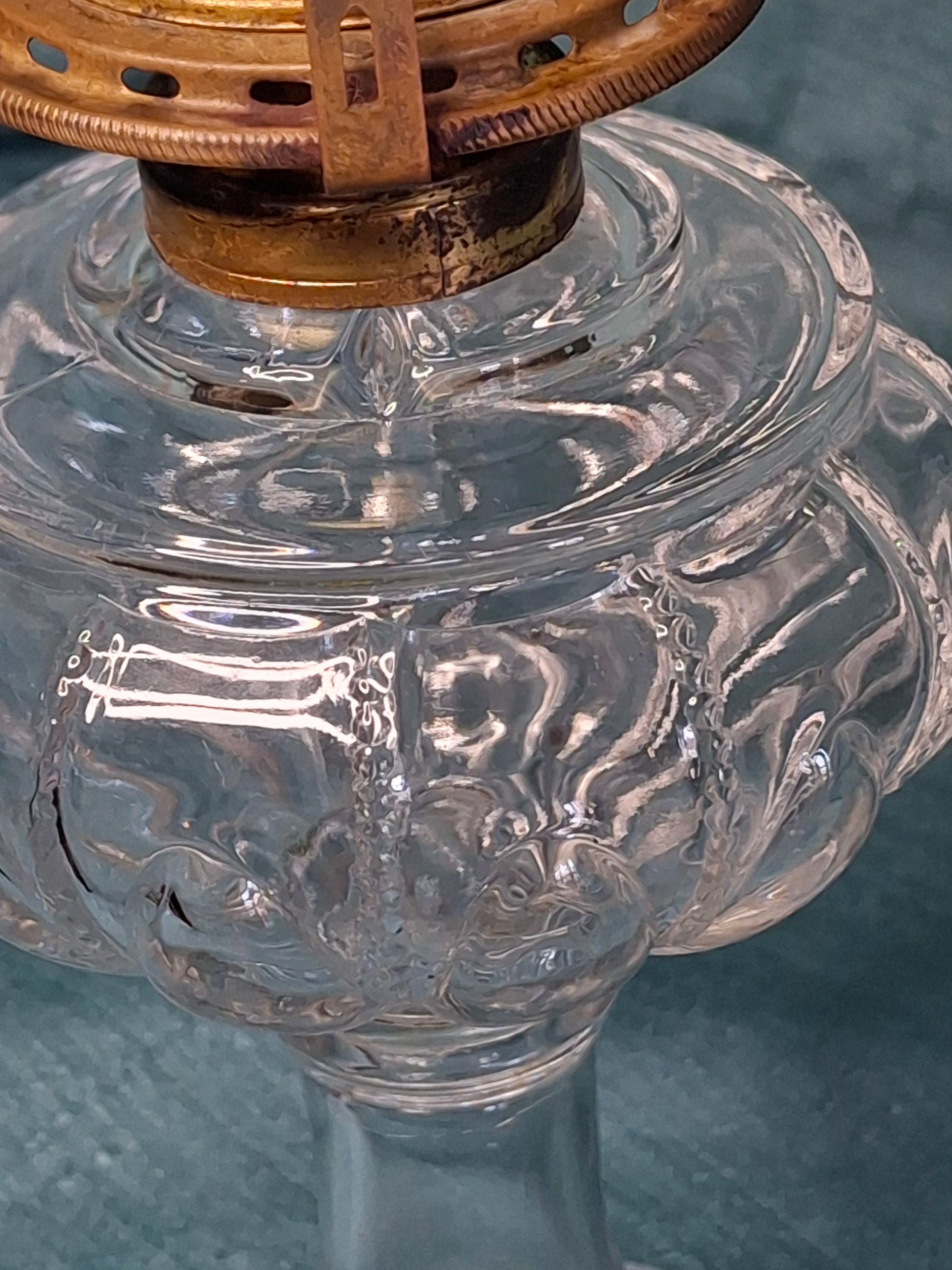 Antique Clear Pressed Glass Kerosene Oil Lamp with Queen Anne Burner, USA c. 1900 - Victorian Era