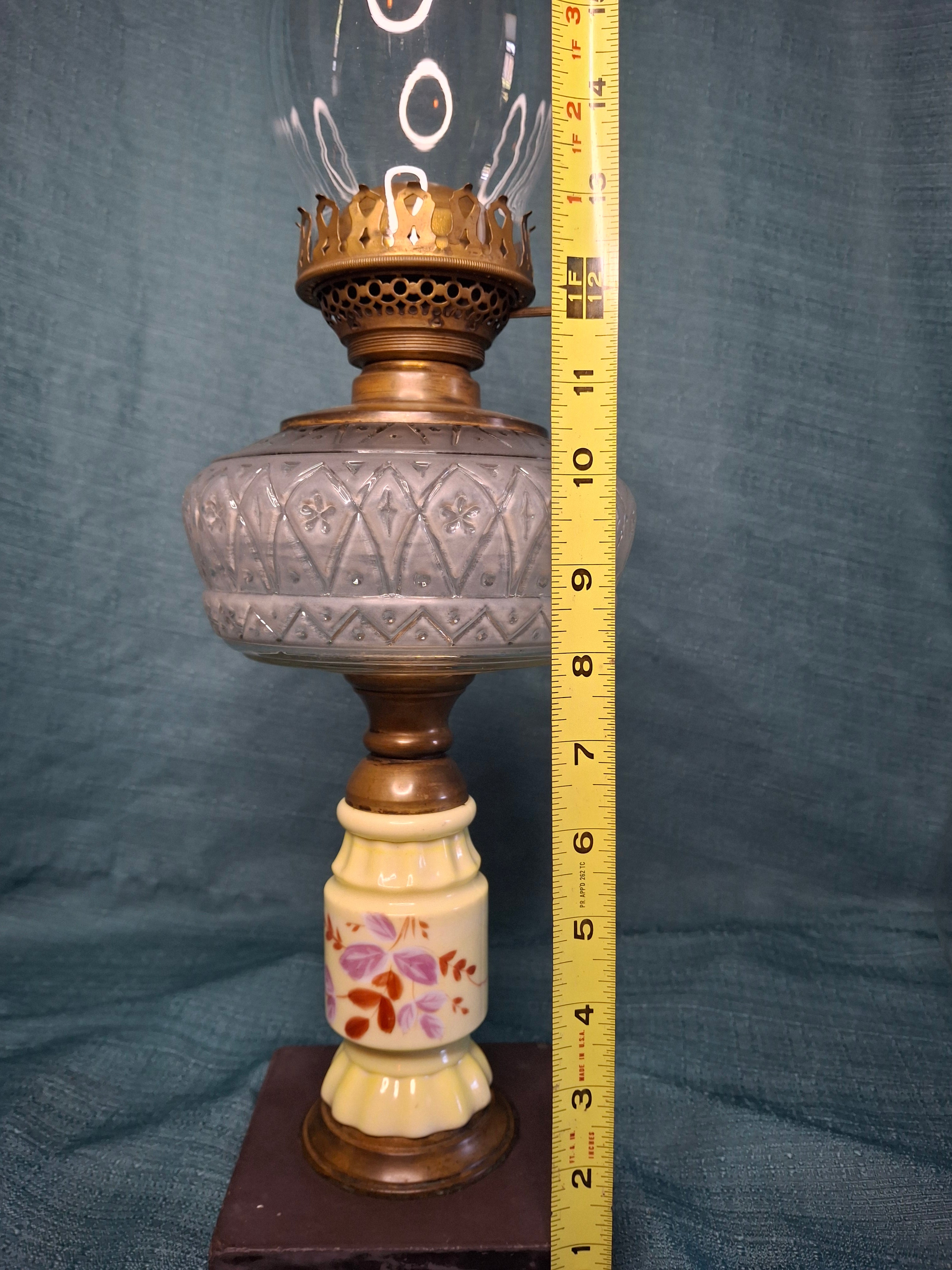 19th C. Edward Miller & Co. 'Solar' Central-Draft Kerosene Lamp Painted Floral
