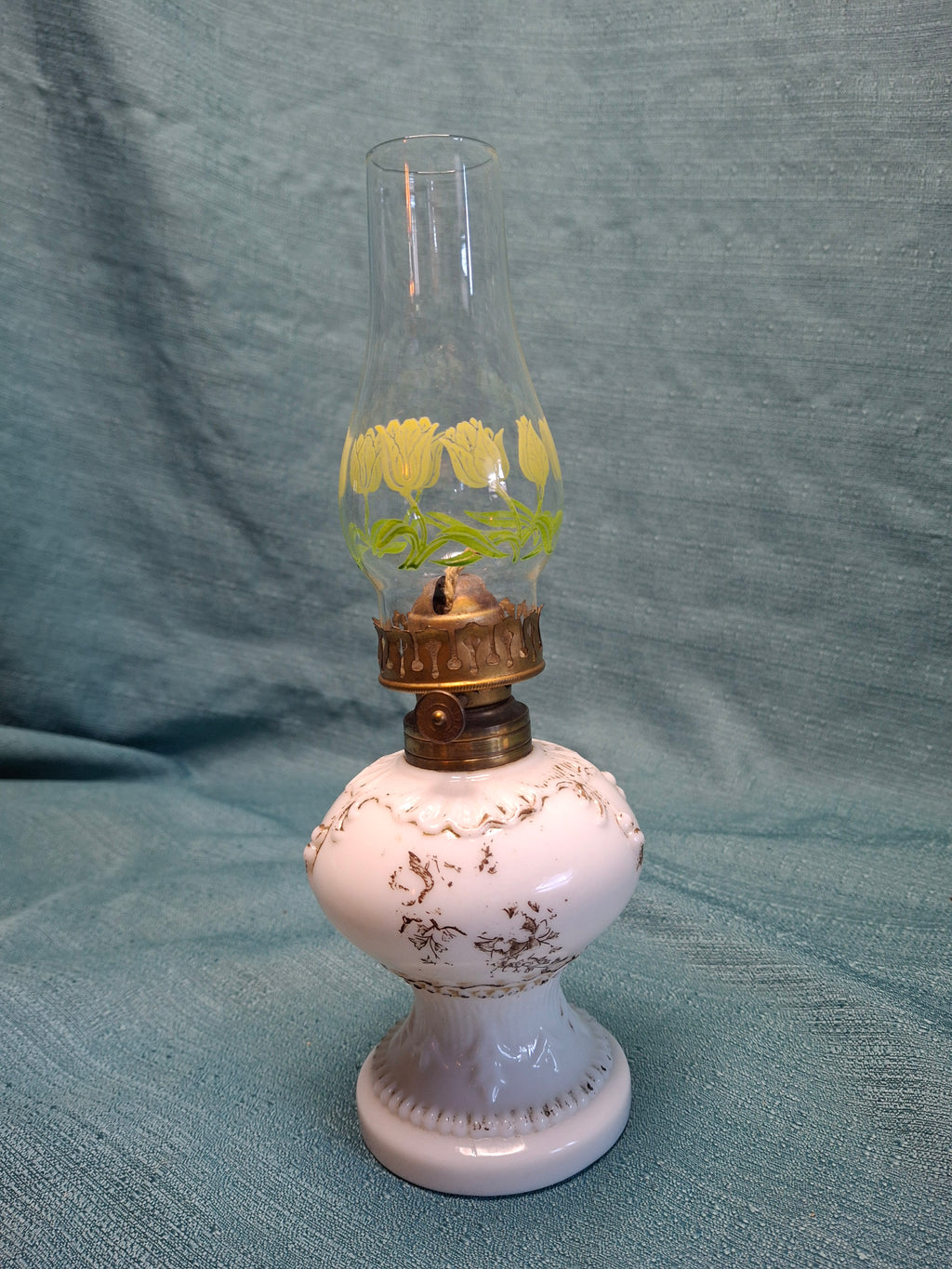 1900s Little Wizard Burner Miniature Milk Glass Oil Lamp Floral Painted Chimney