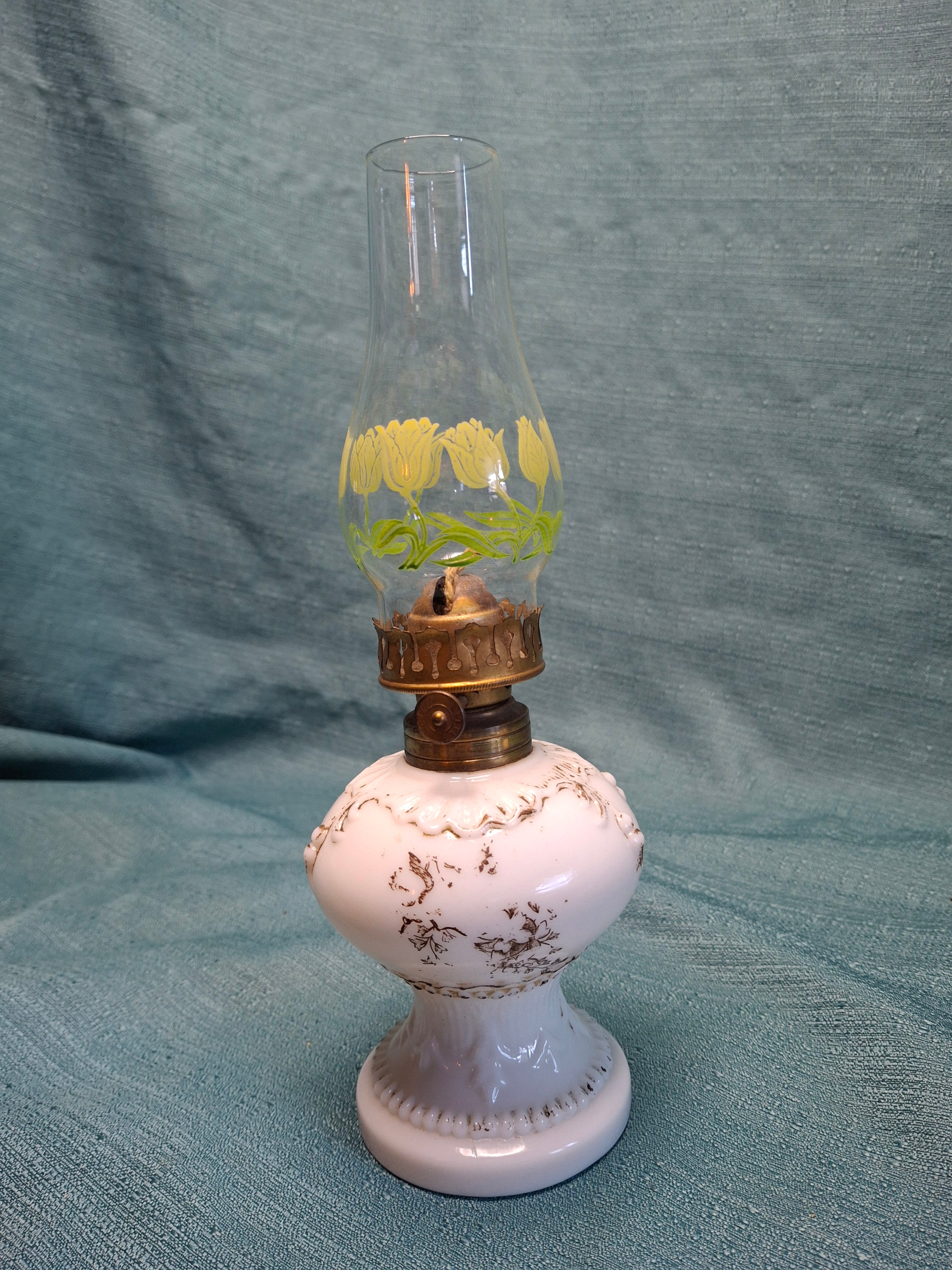 1900s Little Wizard Burner Miniature Milk Glass Oil Lamp Floral Painted Chimney