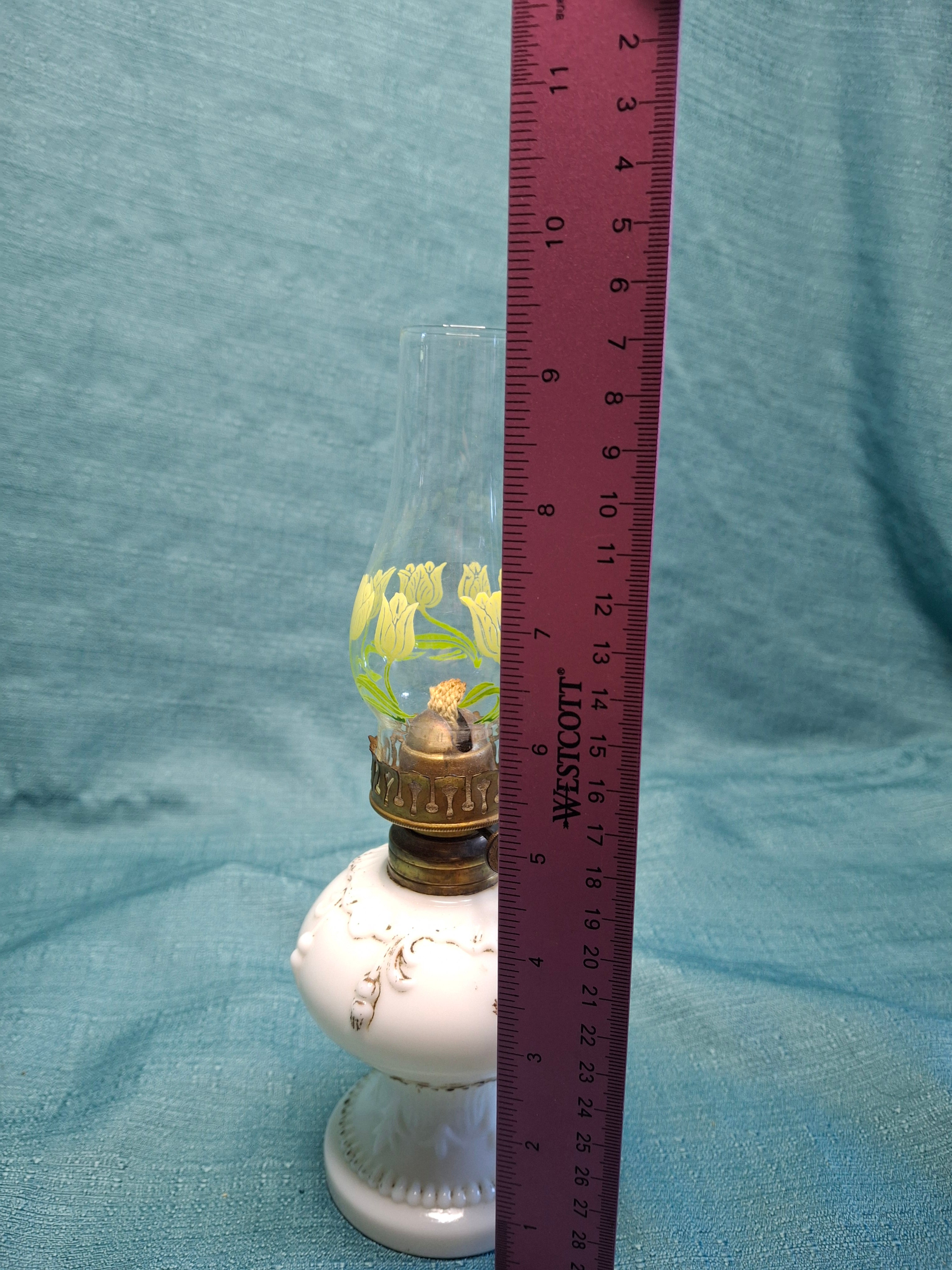 1900s Little Wizard Burner Miniature Milk Glass Oil Lamp Floral Painted Chimney