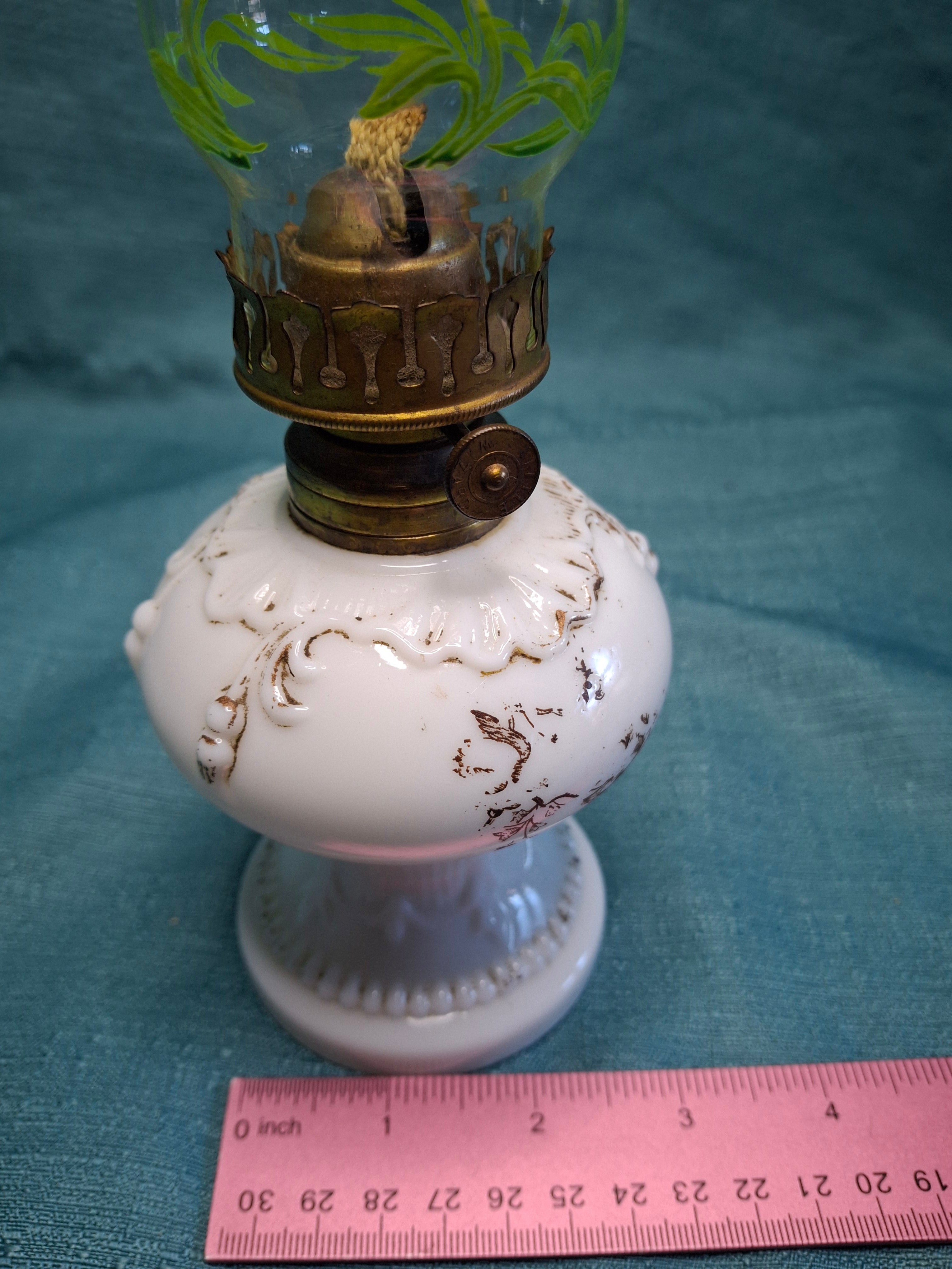 1900s Little Wizard Burner Miniature Milk Glass Oil Lamp Floral Painted Chimney