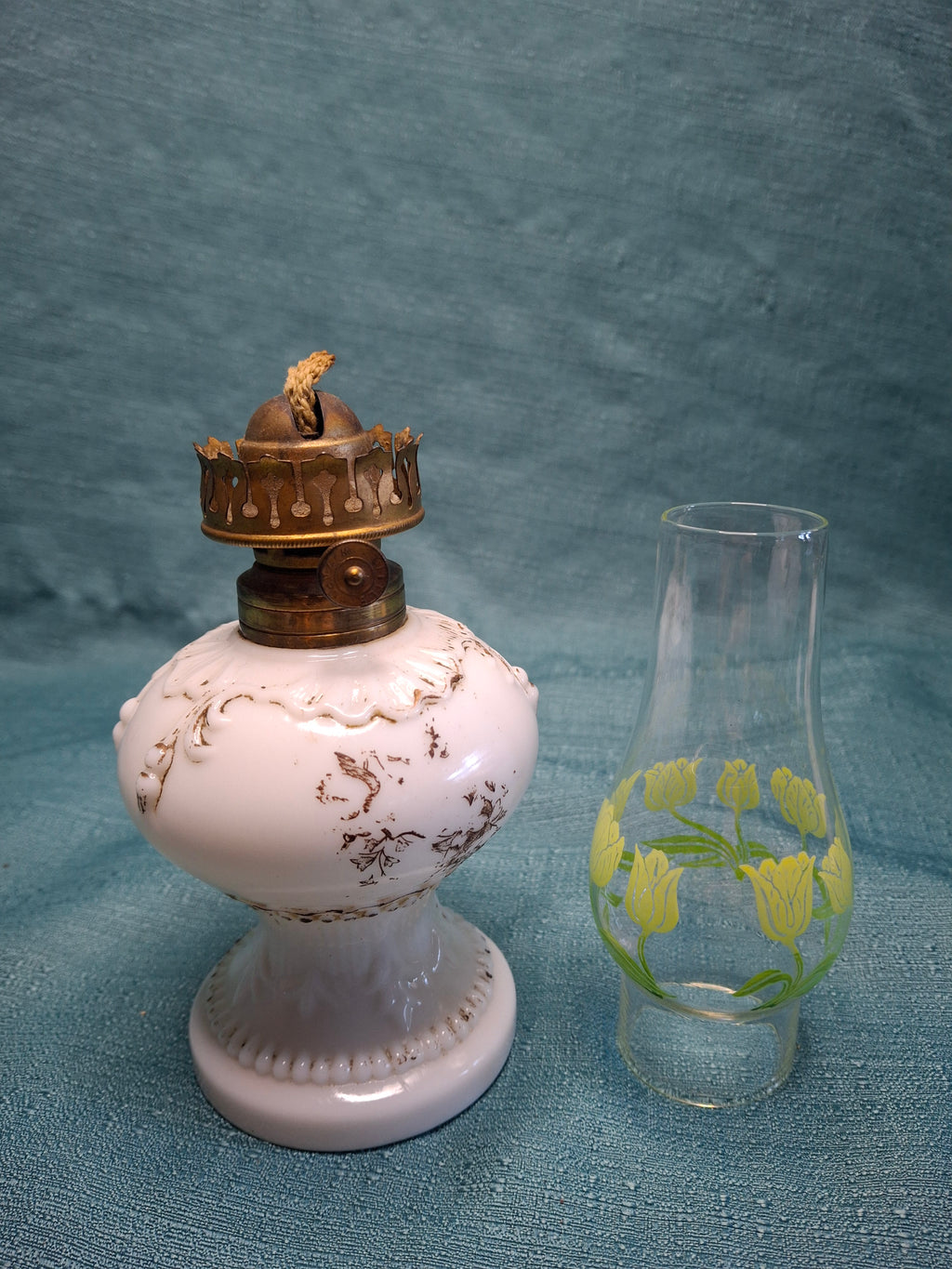 1900s Little Wizard Burner Miniature Milk Glass Oil Lamp Floral Painted Chimney