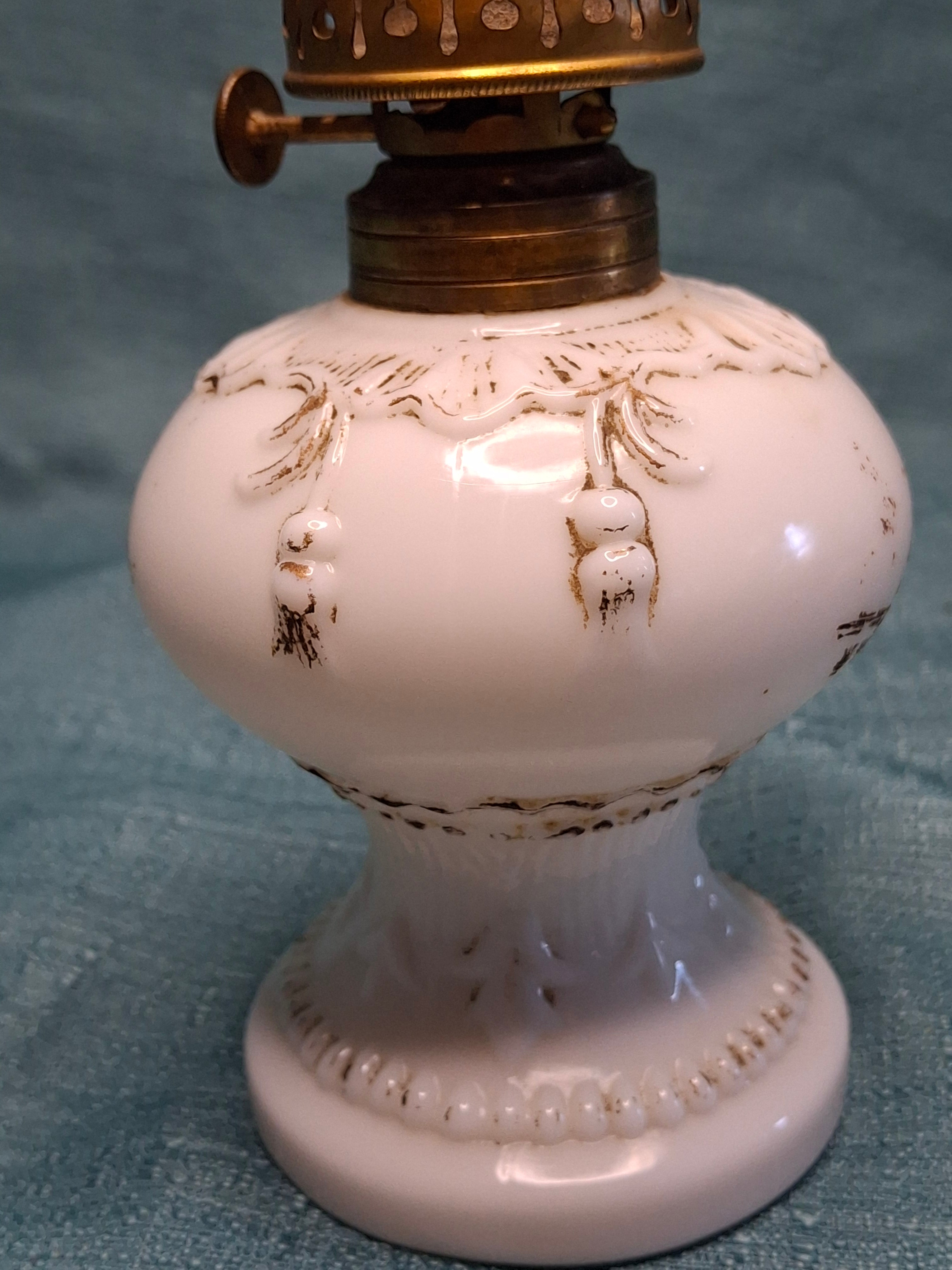 1900s Little Wizard Burner Miniature Milk Glass Oil Lamp Floral Painted Chimney