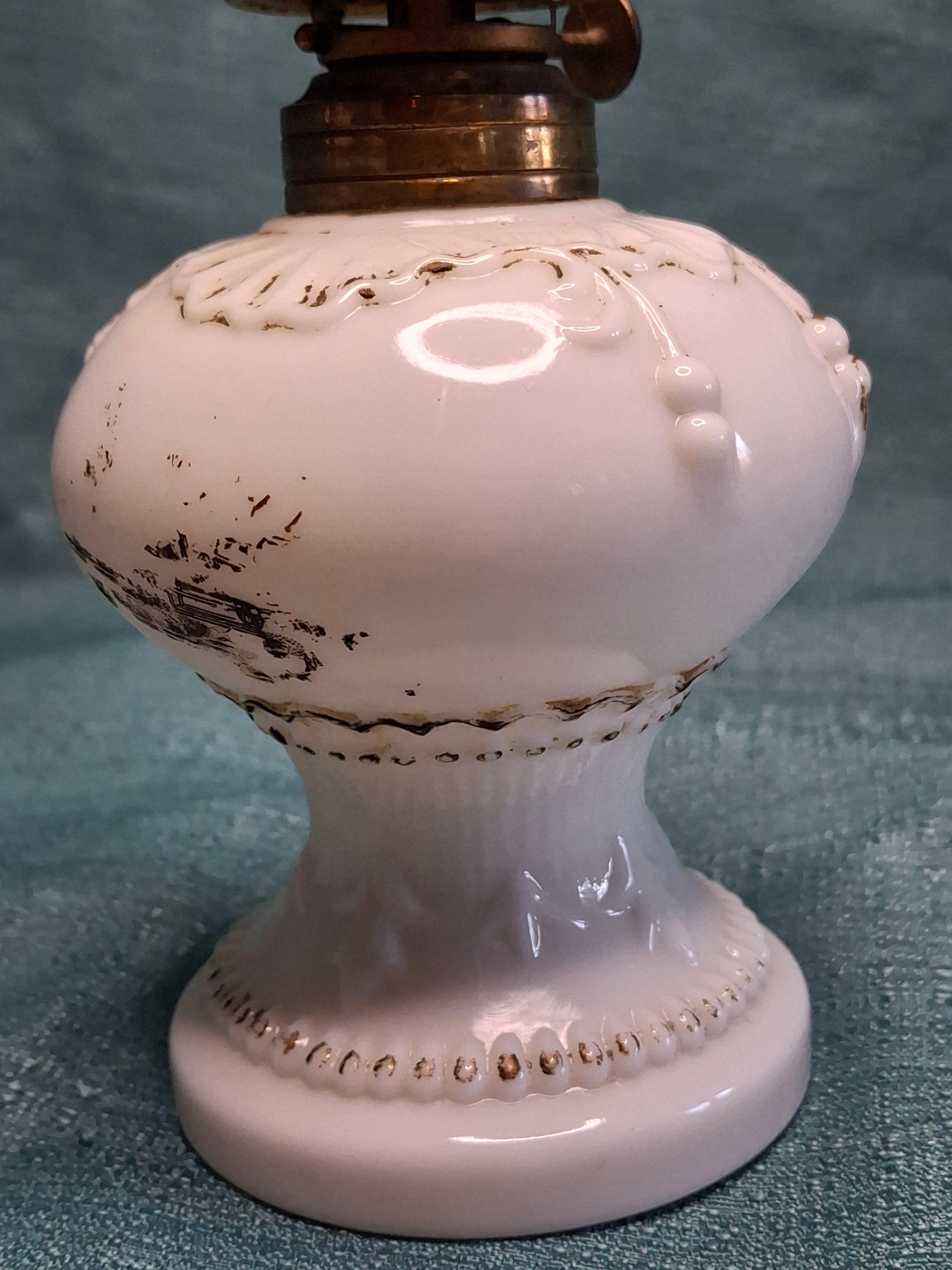 1900s Little Wizard Burner Miniature Milk Glass Oil Lamp Floral Painted Chimney