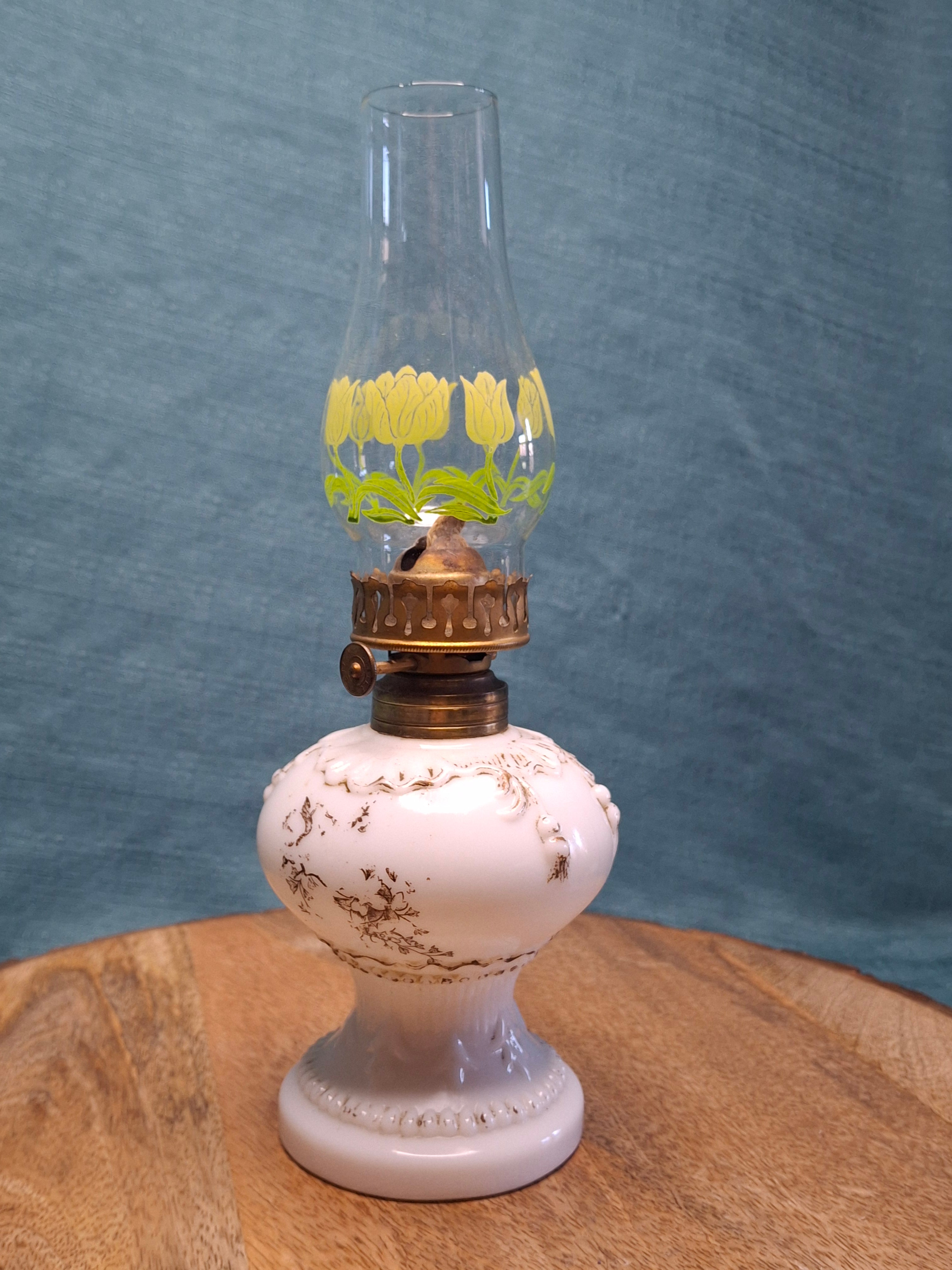 1900s Little Wizard Burner Miniature Milk Glass Oil Lamp Floral Painted Chimney