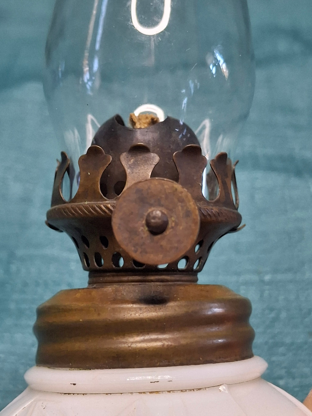 Antique Early 1900s Victorian White Porcelain Floral Kerosene Oil Lamp Brass