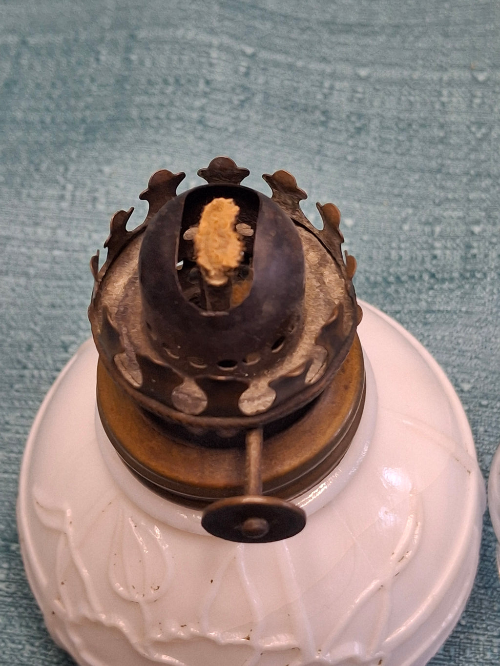 Antique Early 1900s Victorian White Porcelain Floral Kerosene Oil Lamp Brass