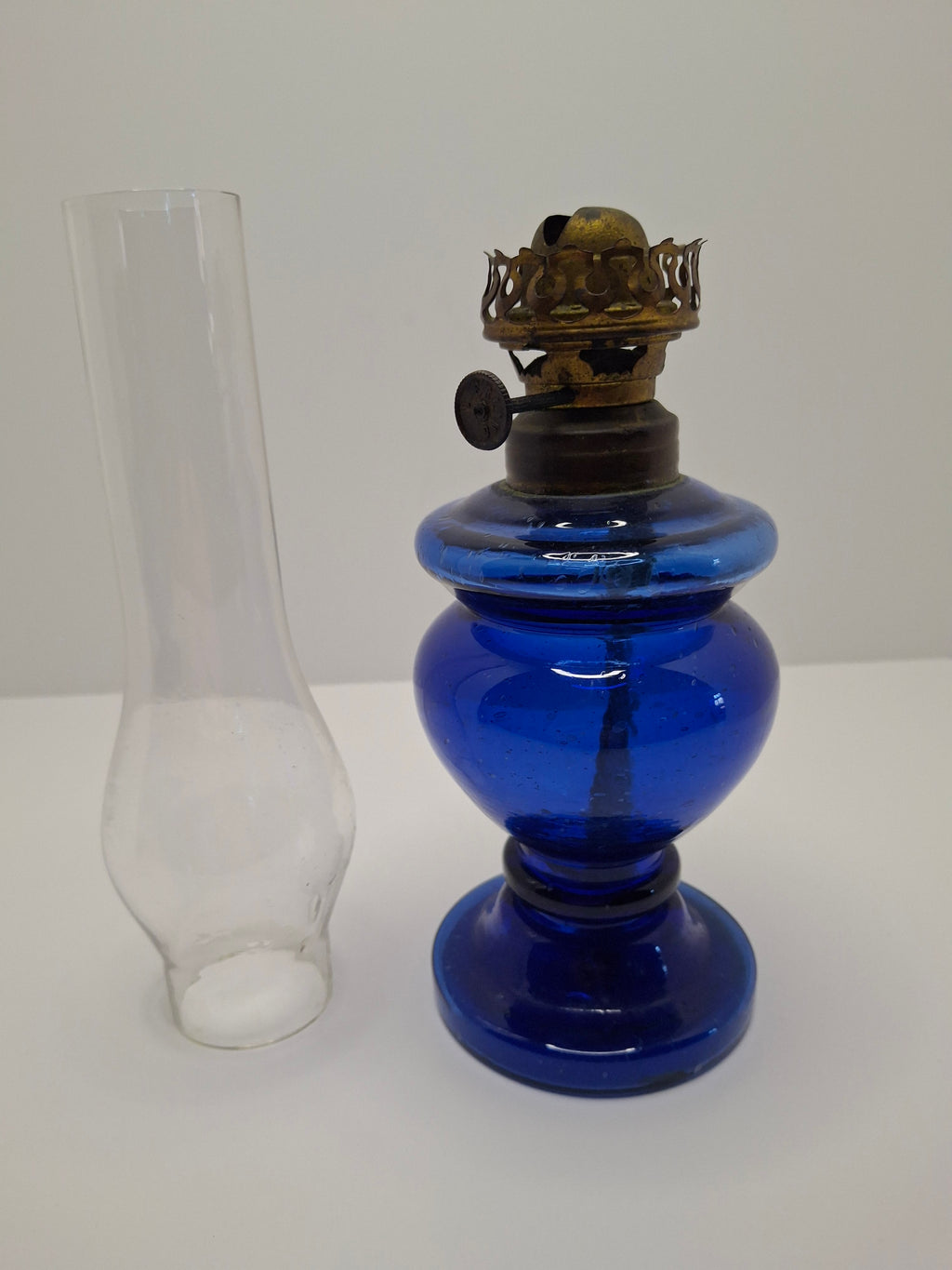 Vintage Antique Blue Kerosene Oil Lamp, Rare Sterling Wick Knob, Unique Glass Chimney Circa 1900