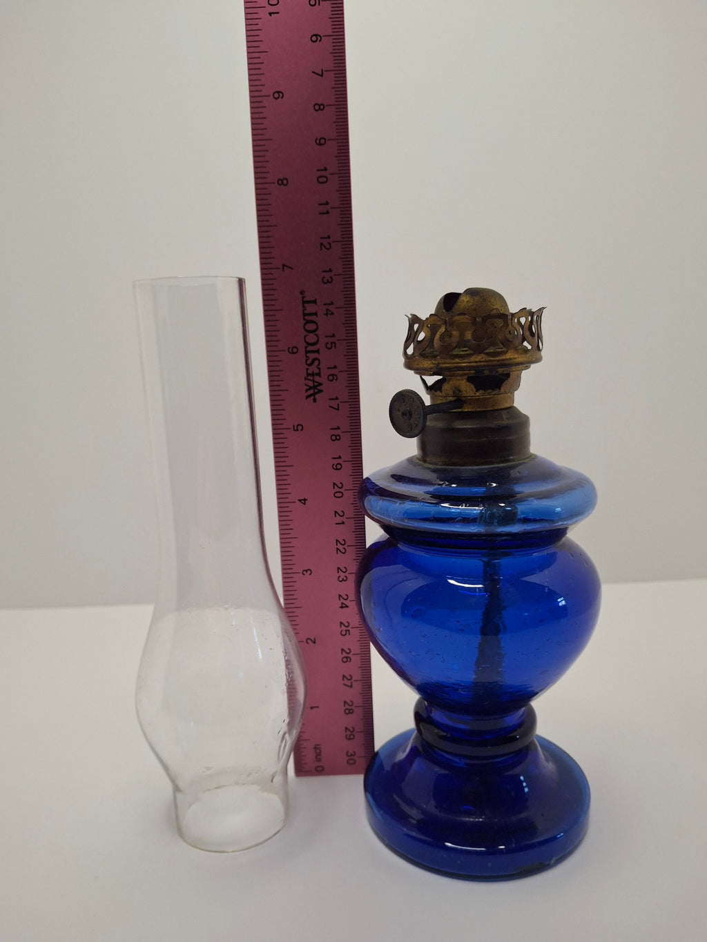Vintage Antique Blue Kerosene Oil Lamp, Rare Sterling Wick Knob, Unique Glass Chimney Circa 1900