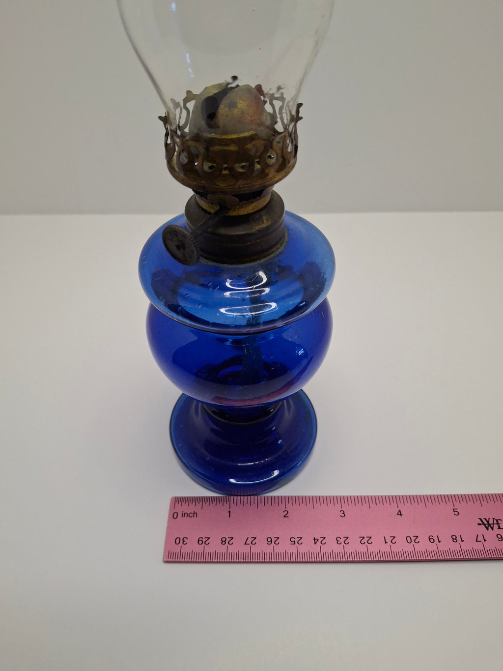 Vintage Antique Blue Kerosene Oil Lamp, Rare Sterling Wick Knob, Unique Glass Chimney Circa 1900