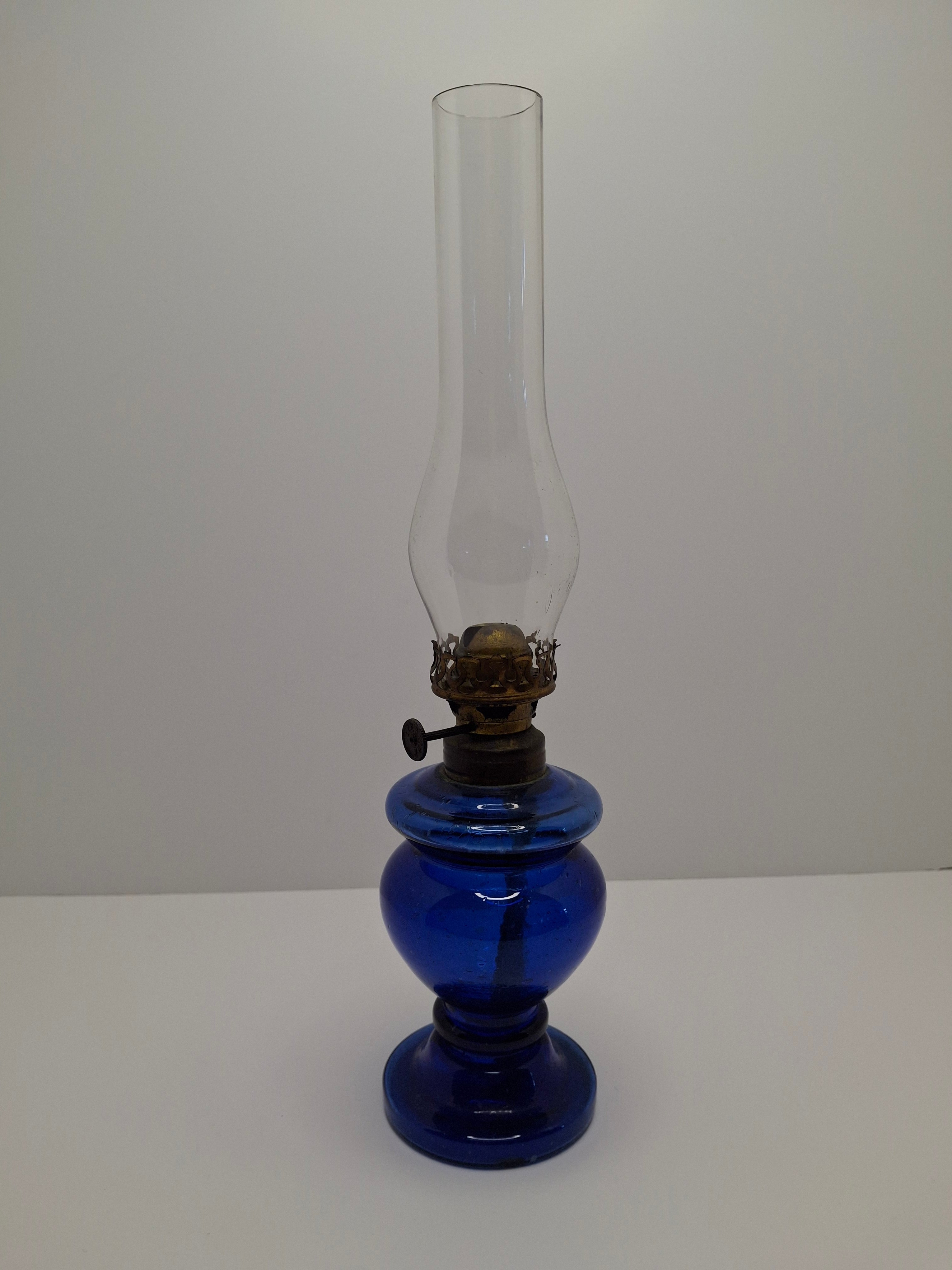 Vintage Antique Blue Kerosene Oil Lamp, Rare Sterling Wick Knob, Unique Glass Chimney Circa 1900