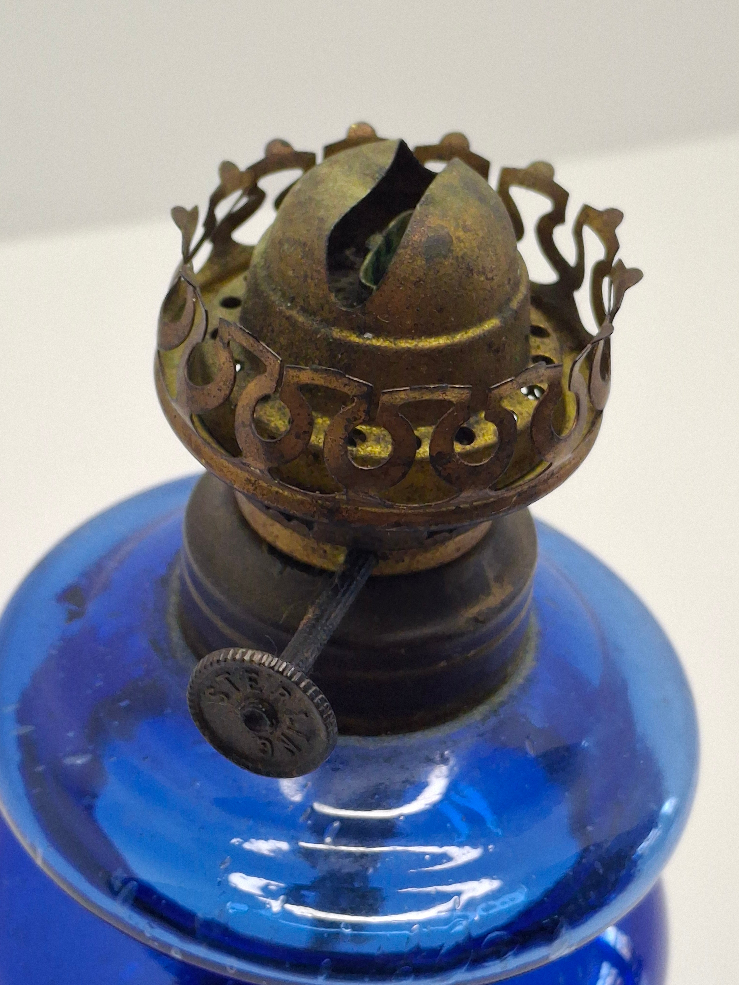 Vintage Antique Blue Kerosene Oil Lamp, Rare Sterling Wick Knob, Unique Glass Chimney Circa 1900