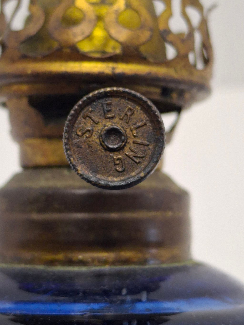 Vintage Antique Blue Kerosene Oil Lamp, Rare Sterling Wick Knob, Unique Glass Chimney Circa 1900