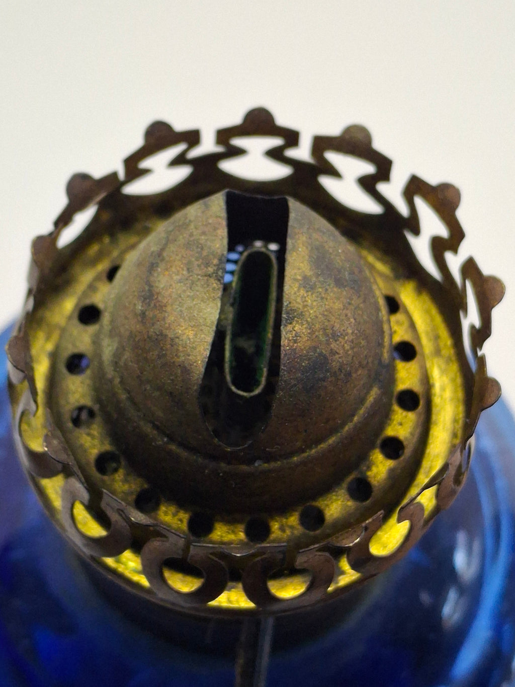 Vintage Antique Blue Kerosene Oil Lamp, Rare Sterling Wick Knob, Unique Glass Chimney Circa 1900