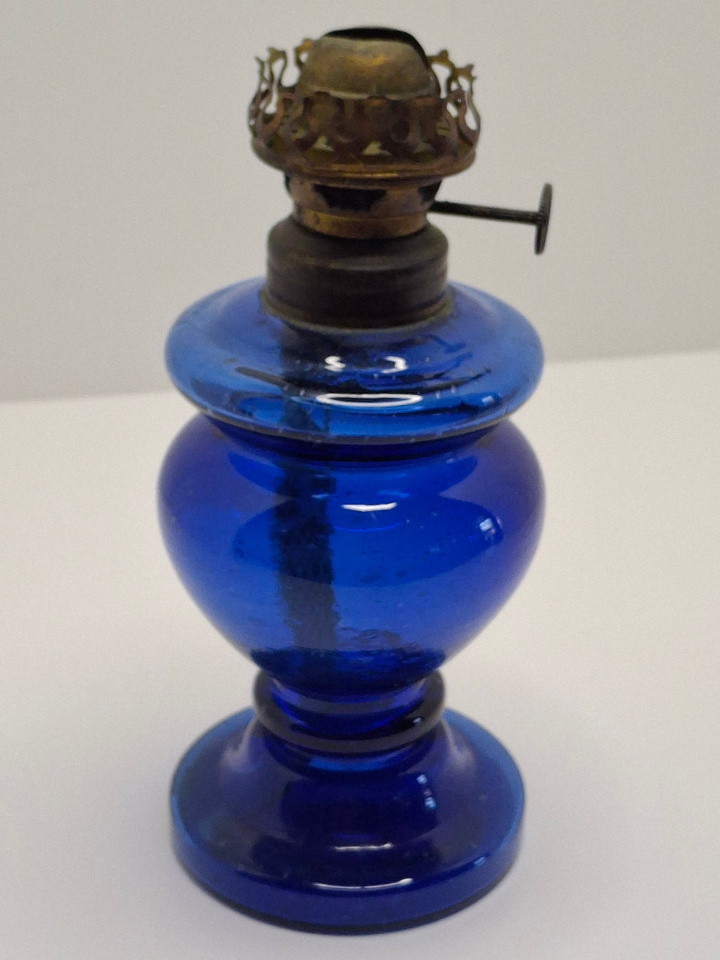 Vintage Antique Blue Kerosene Oil Lamp, Rare Sterling Wick Knob, Unique Glass Chimney Circa 1900