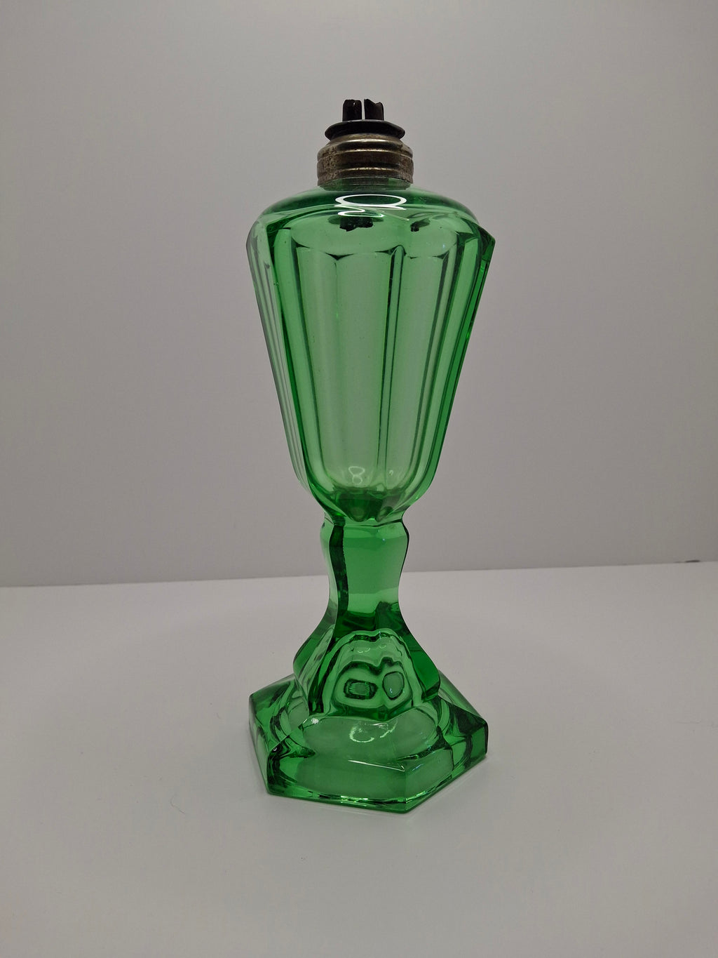 Antique 1840s Green Pressed Glass Double Whale Oil Burner Lamp - Threaded Font with Original Rusty Wick Tubes, 4" Tall