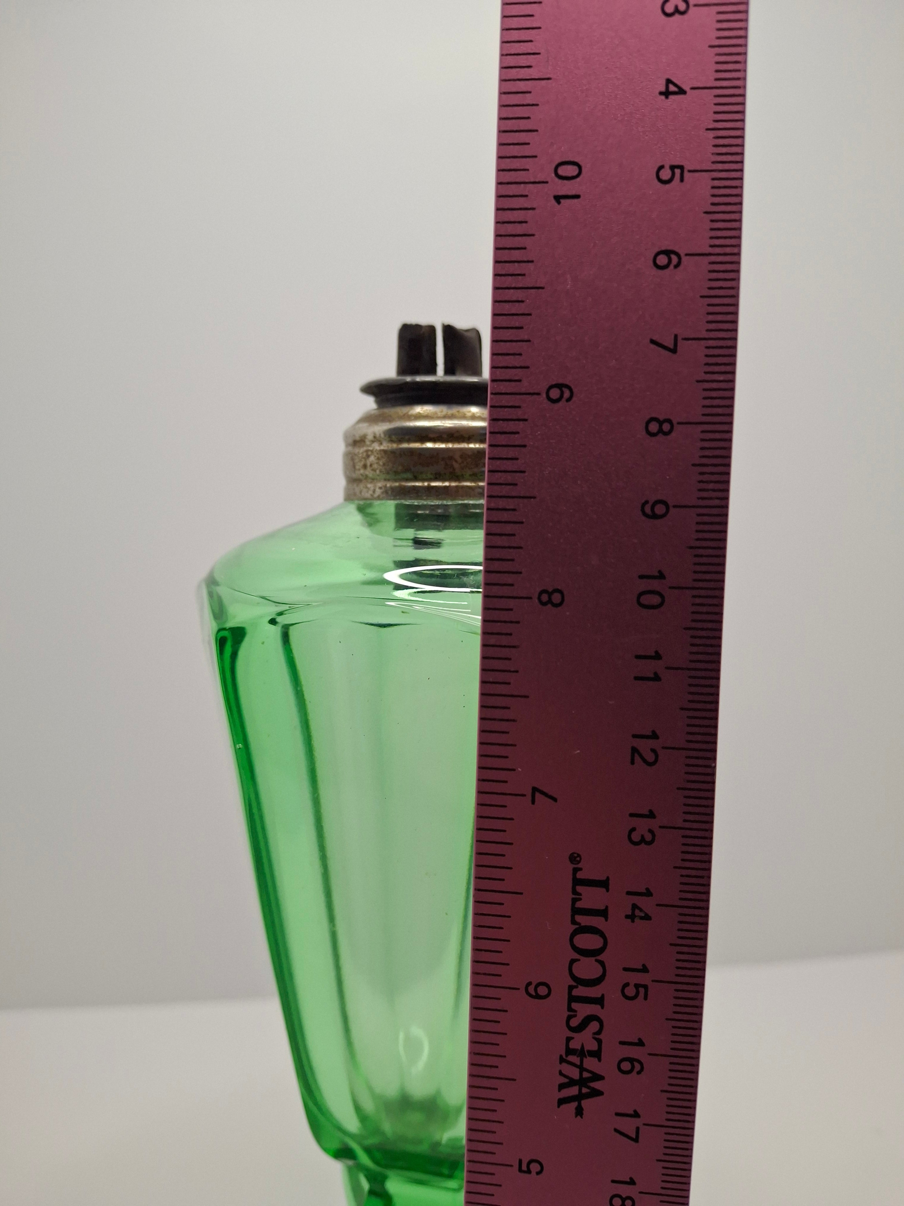 Antique 1840s Green Pressed Glass Double Whale Oil Burner Lamp - Threaded Font with Original Rusty Wick Tubes, 4" Tall