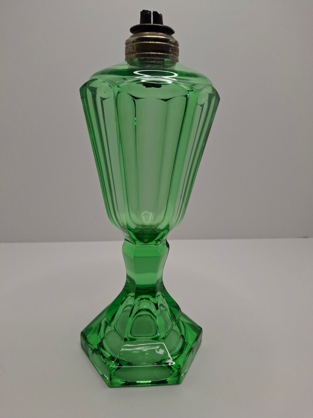 Antique 1840s Green Pressed Glass Double Whale Oil Burner Lamp - Threaded Font with Original Rusty Wick Tubes, 4" Tall