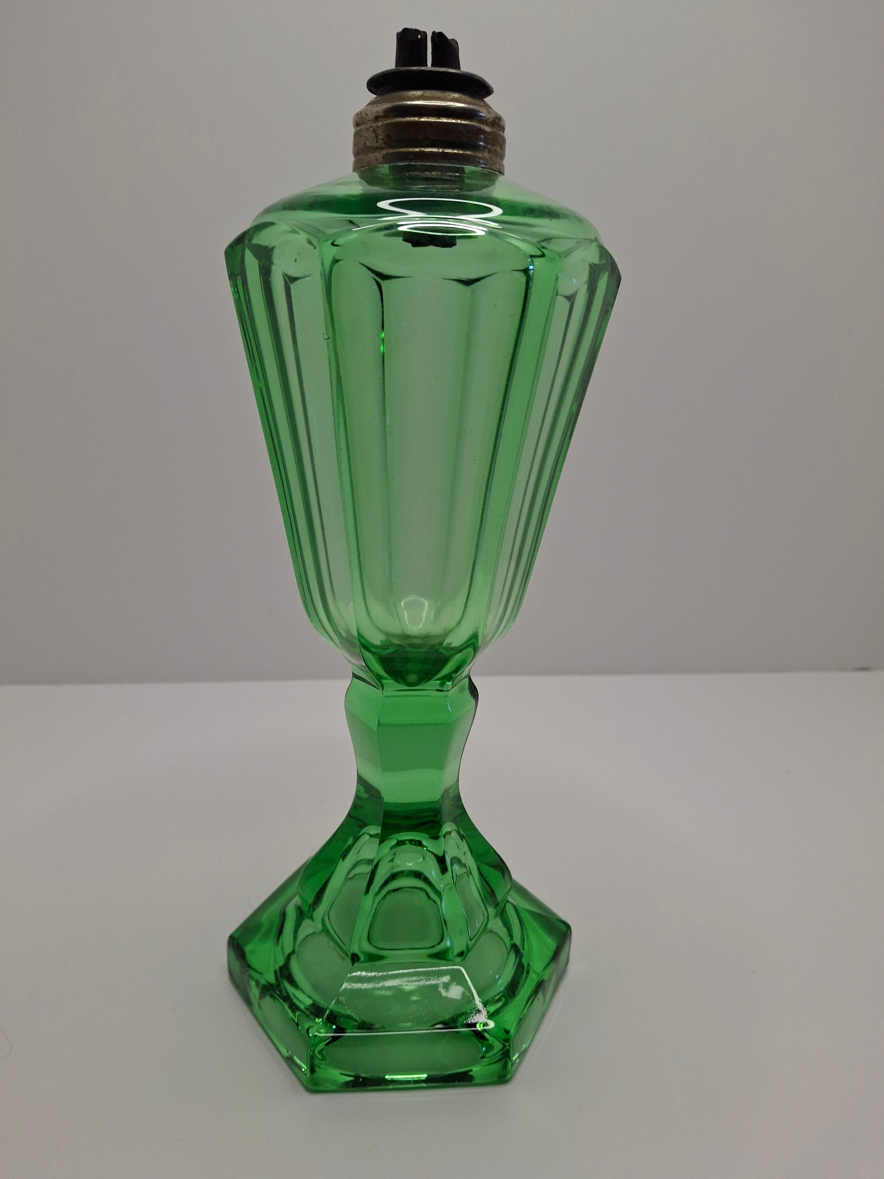 Antique 1840s Green Pressed Glass Double Whale Oil Burner Lamp - Threaded Font with Original Rusty Wick Tubes, 4" Tall